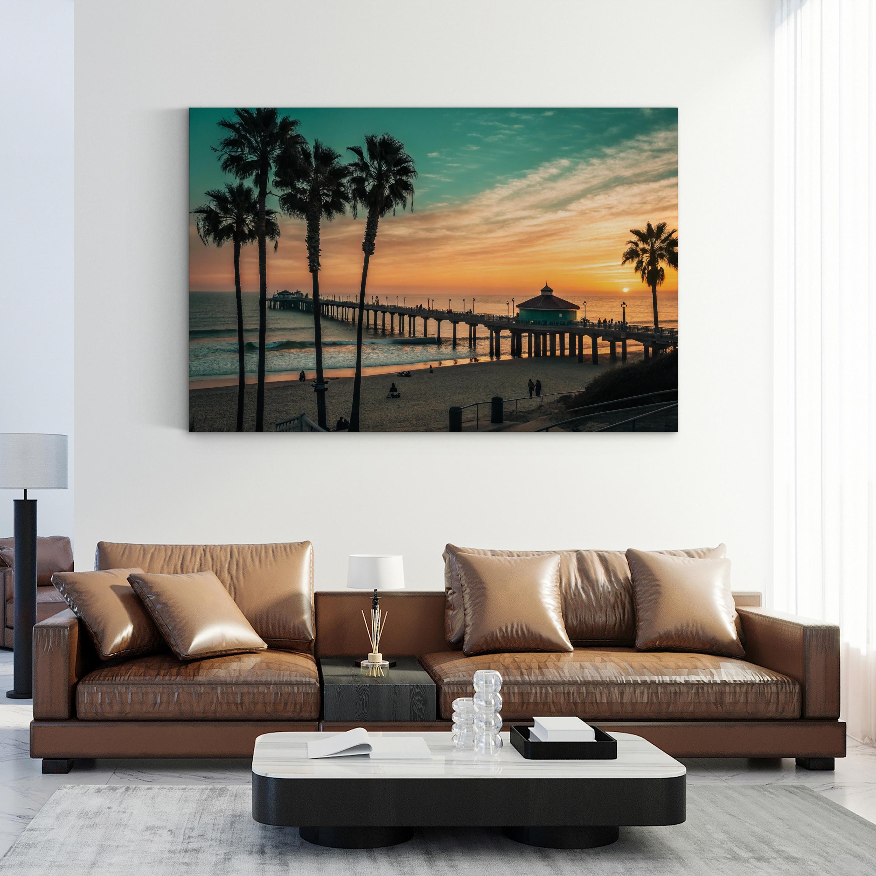 Manhattan Beach Pier, California Wall Art — Palm Tree Sunset Coastal Canvas Print