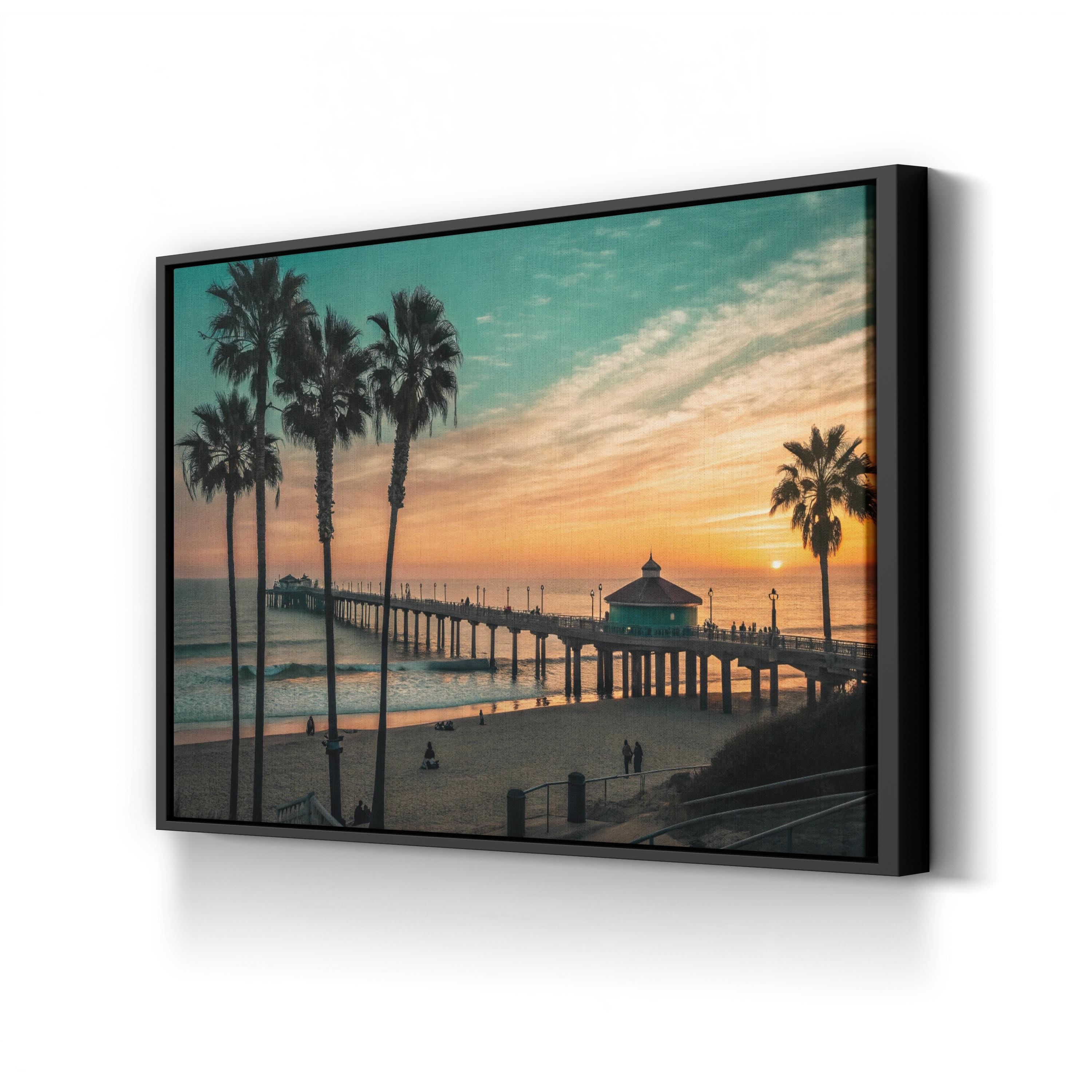 Manhattan Beach Pier, California Wall Art — Palm Tree Sunset Coastal Canvas Print