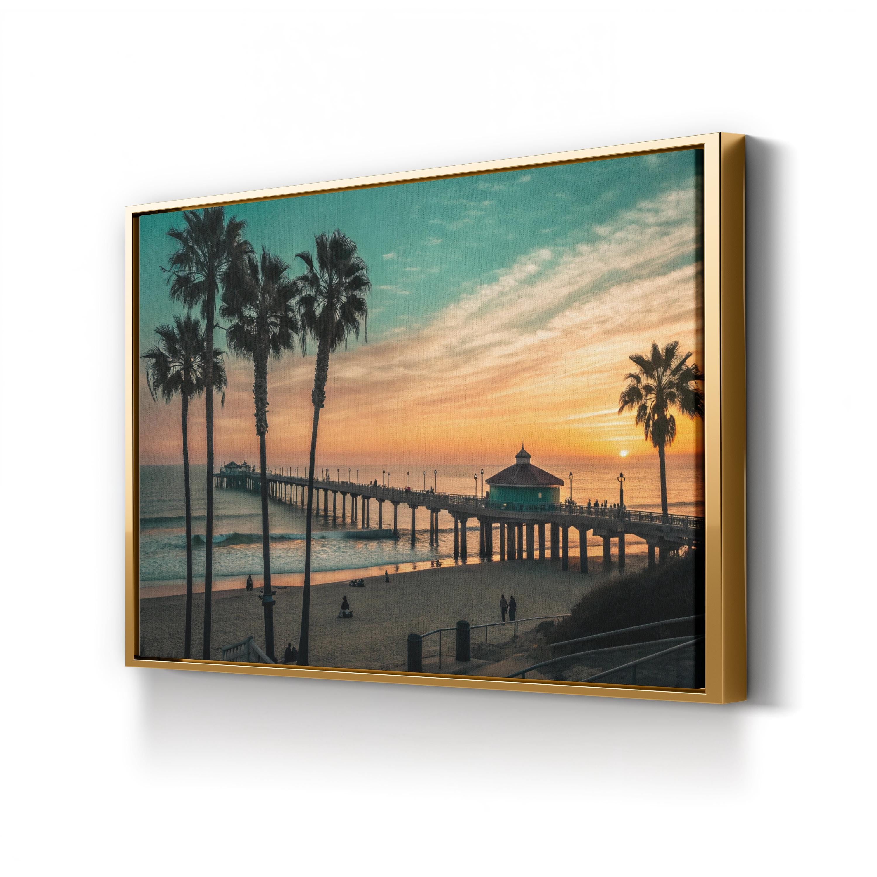 Manhattan Beach Pier, California Wall Art — Palm Tree Sunset Coastal Canvas Print