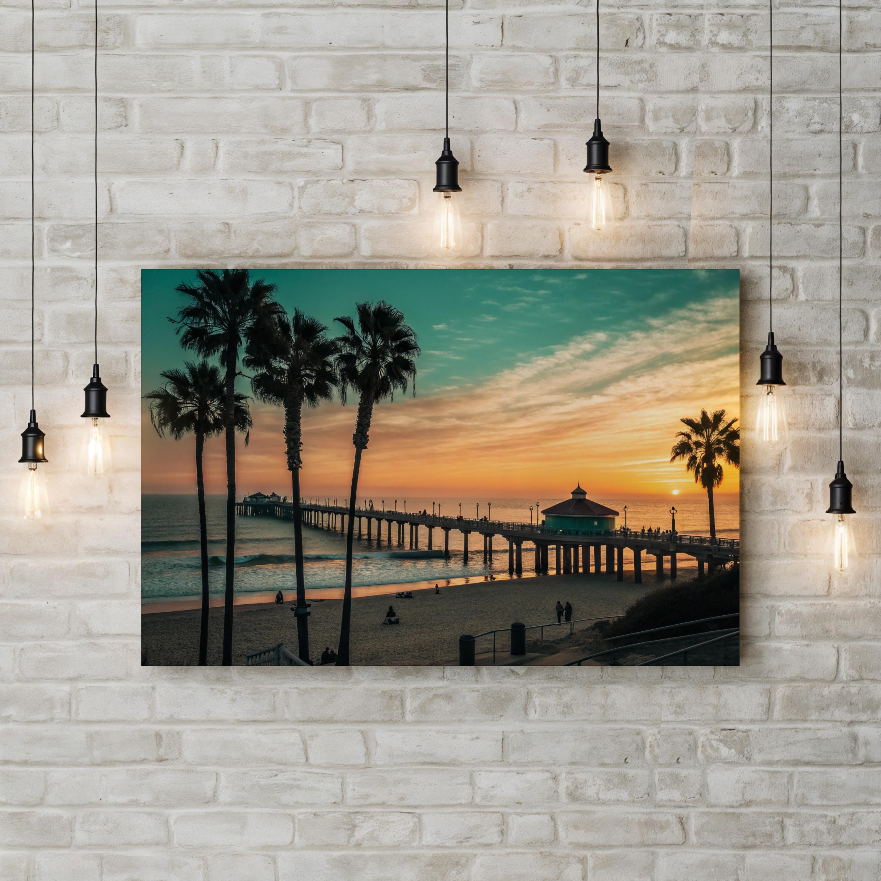 Manhattan Beach Pier, California Wall Art — Palm Tree Sunset Coastal Canvas Print