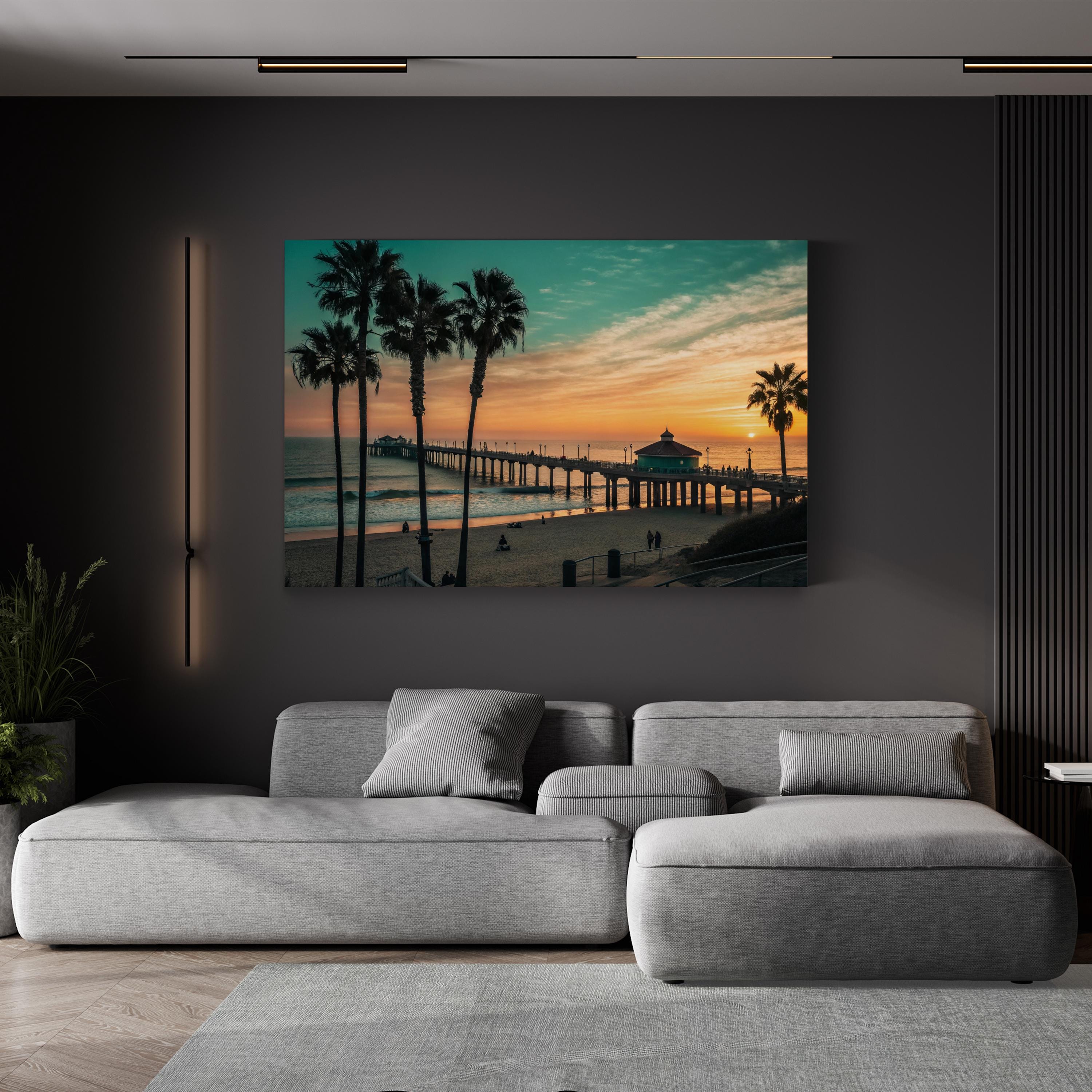 Manhattan Beach Pier, California Wall Art — Palm Tree Sunset Coastal Canvas Print