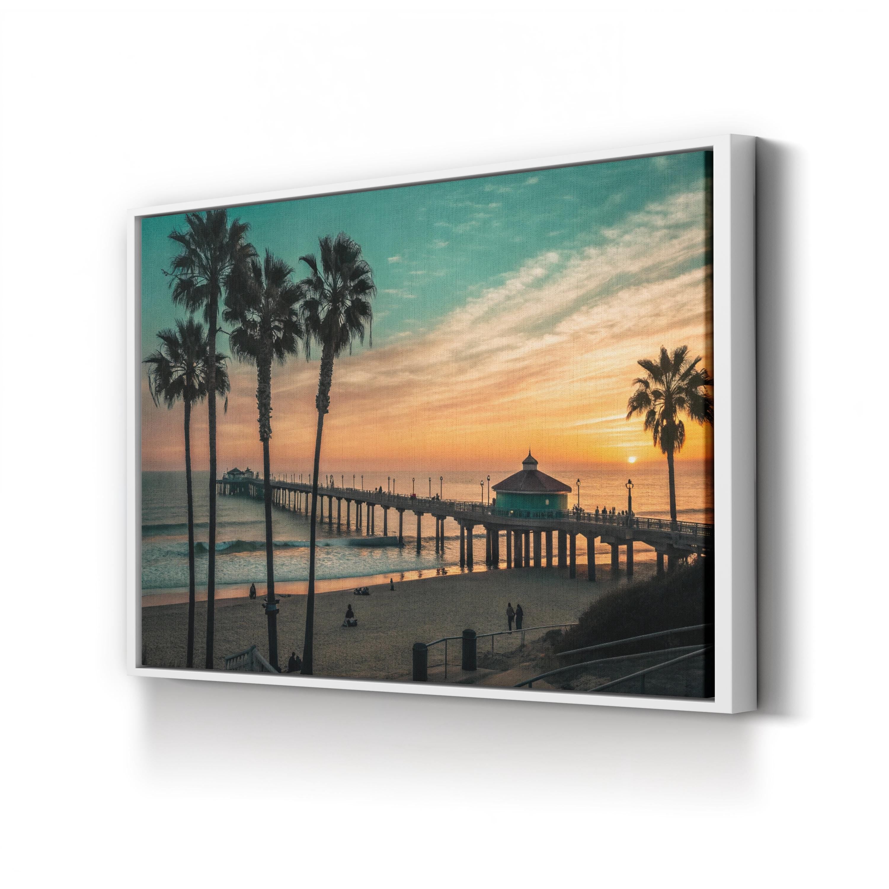 Manhattan Beach Pier, California Wall Art — Palm Tree Sunset Coastal Canvas Print