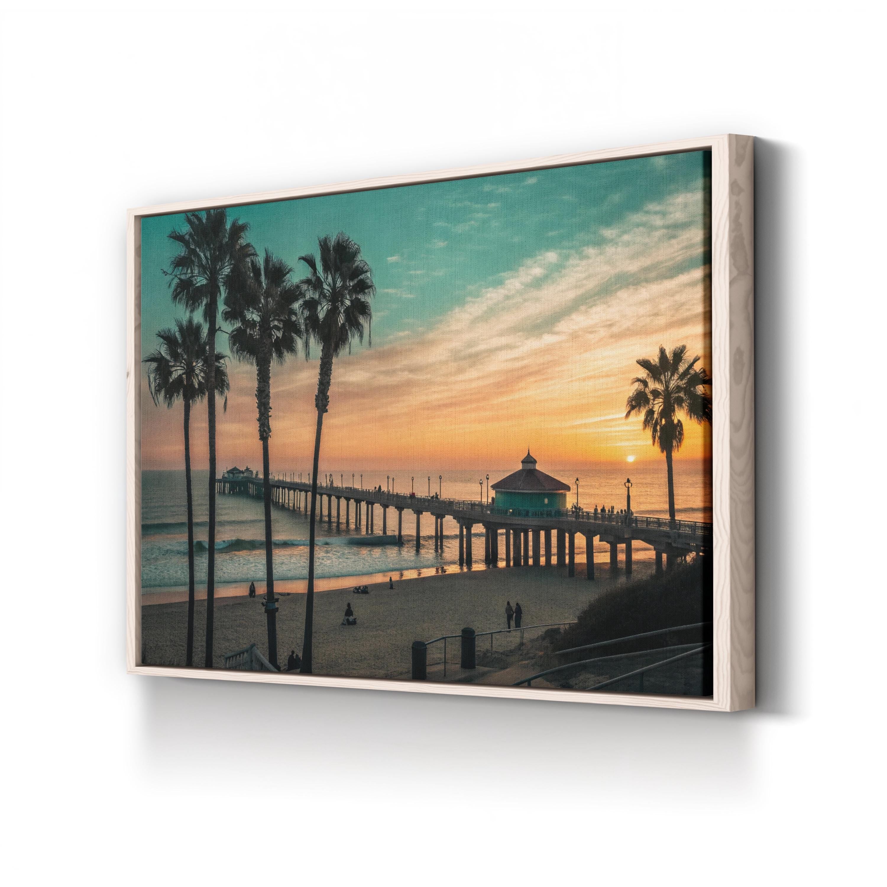 Manhattan Beach Pier, California Wall Art — Palm Tree Sunset Coastal Canvas Print