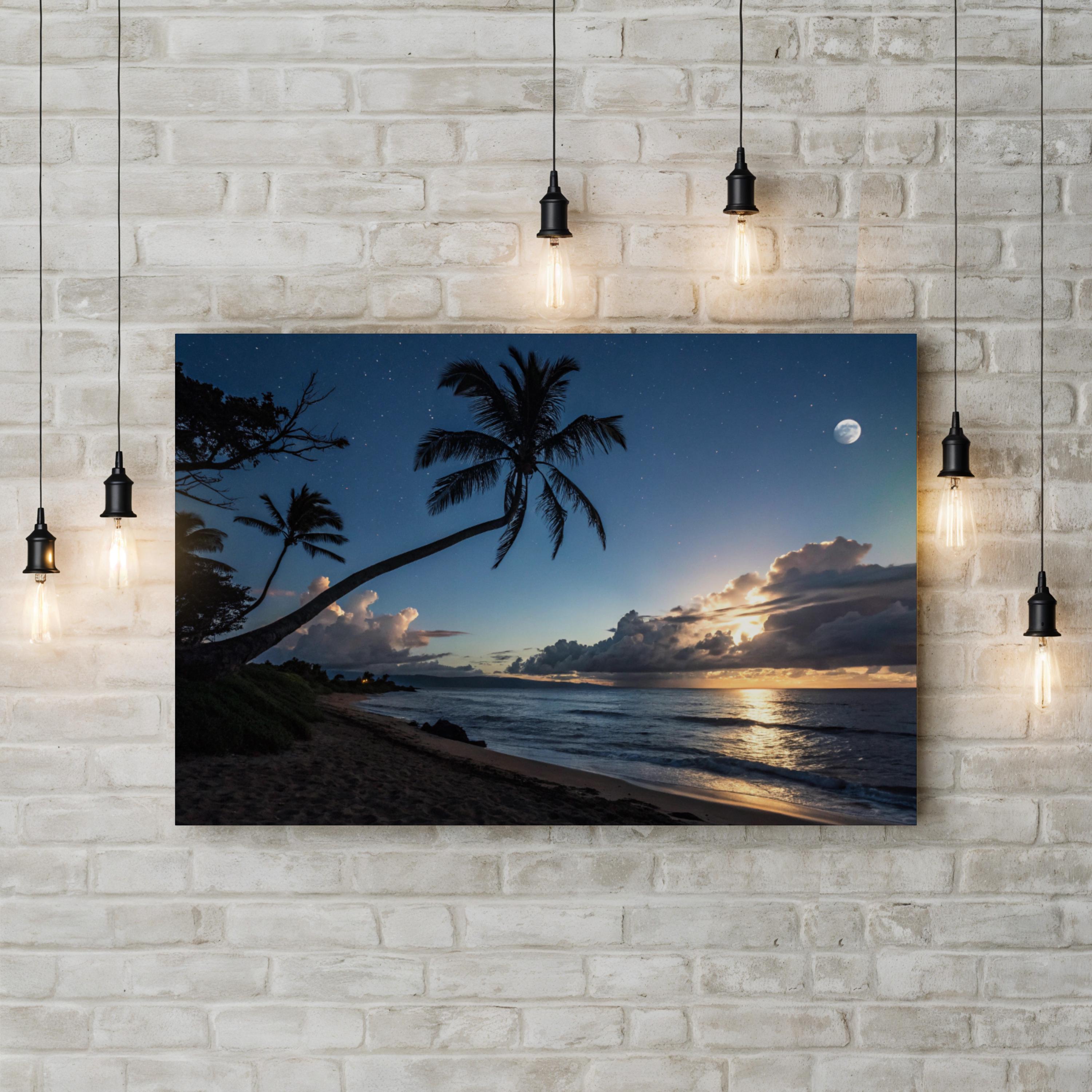 Paradise at Night, Tropical Shoreline Wall Art — Contemporary Moonlit Coastal Seascape
