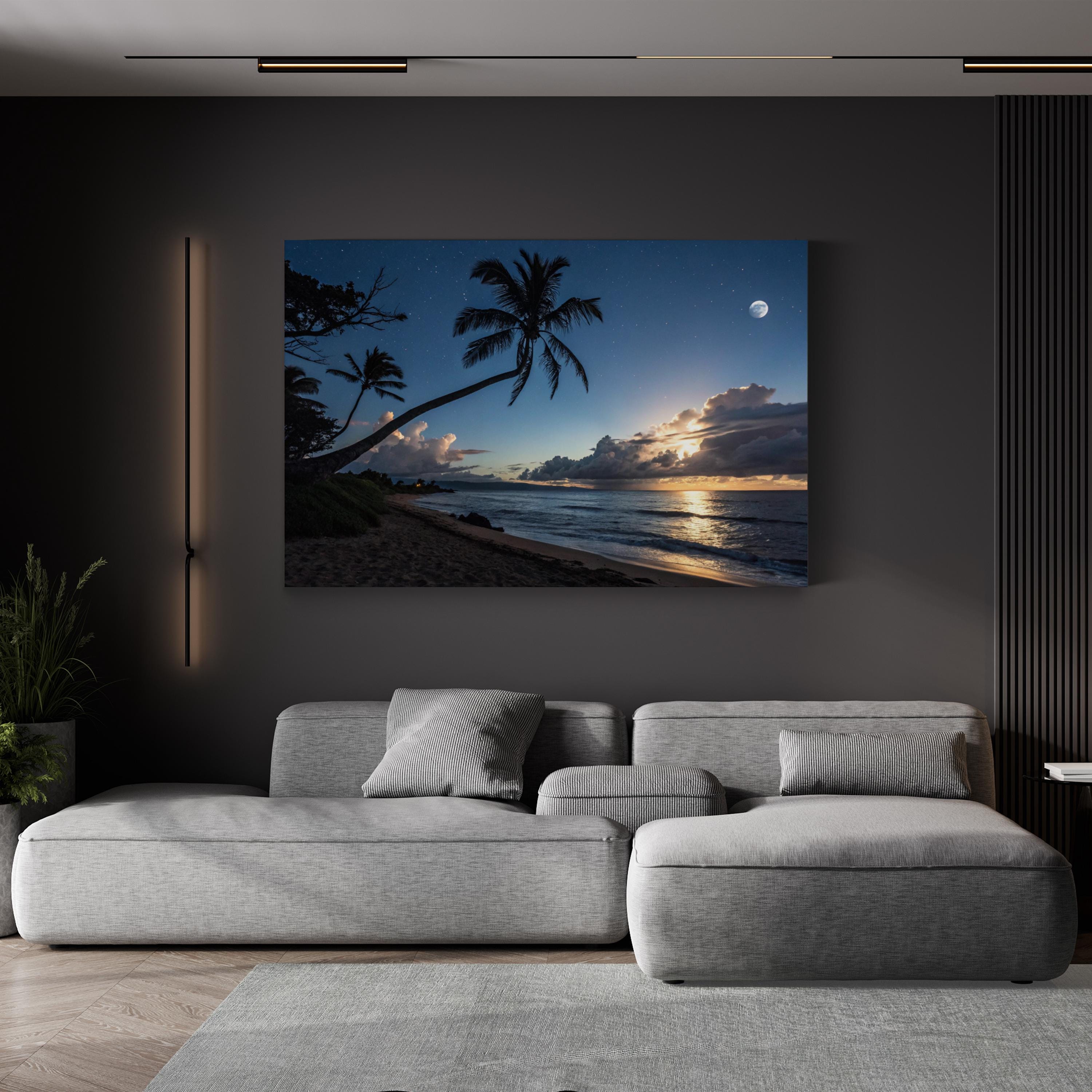 Paradise at Night, Tropical Shoreline Wall Art — Contemporary Moonlit Coastal Seascape