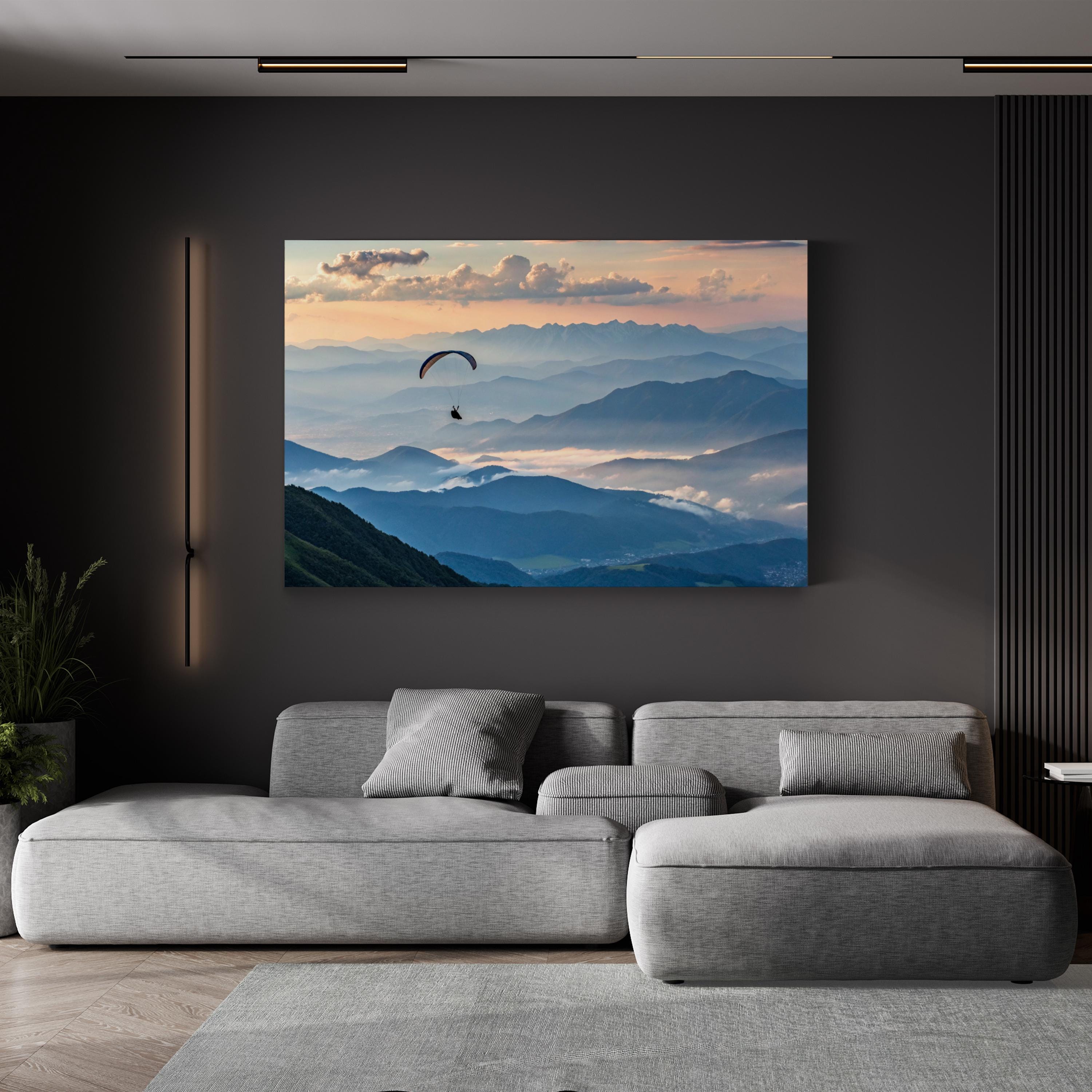 Paragliding Above Mountain Peaks Wall Art — Aerial Landscape Adventure Canvas Print