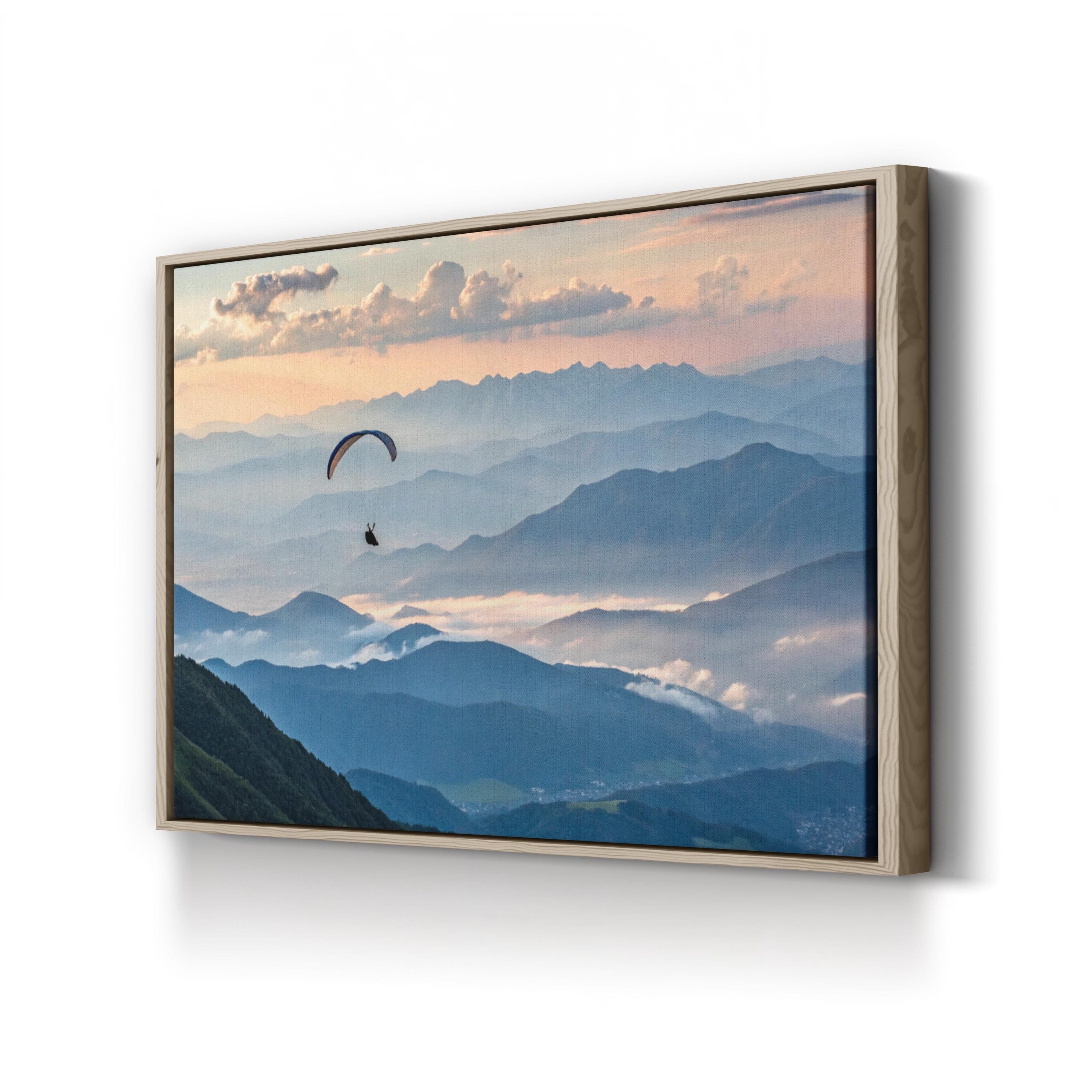 Paragliding Above Mountain Peaks Wall Art — Aerial Landscape Adventure Canvas Print