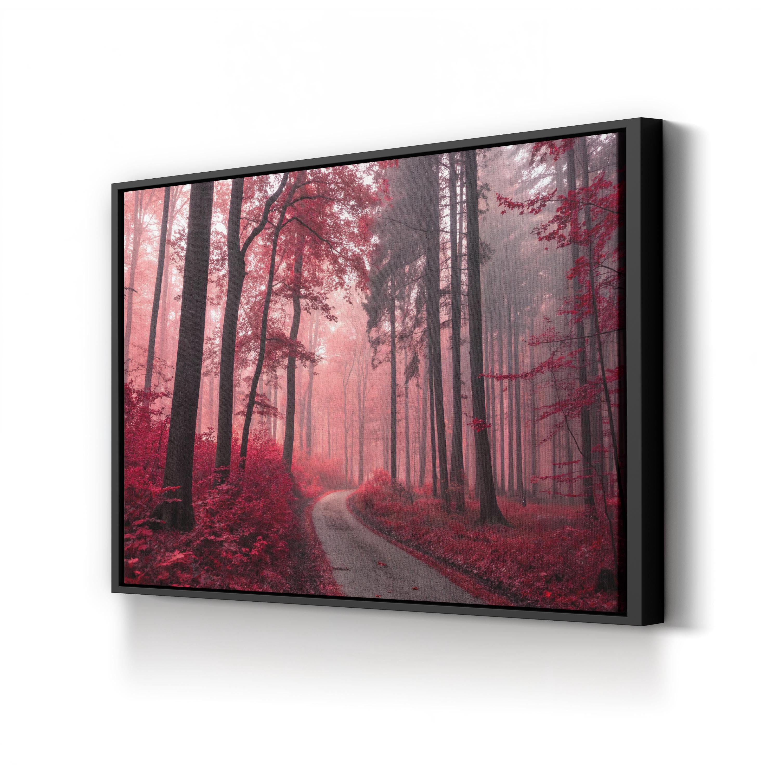 Red Forest Autumn Path – Vintage Photography Wall Art | Vibrant Landscape Canvas Print