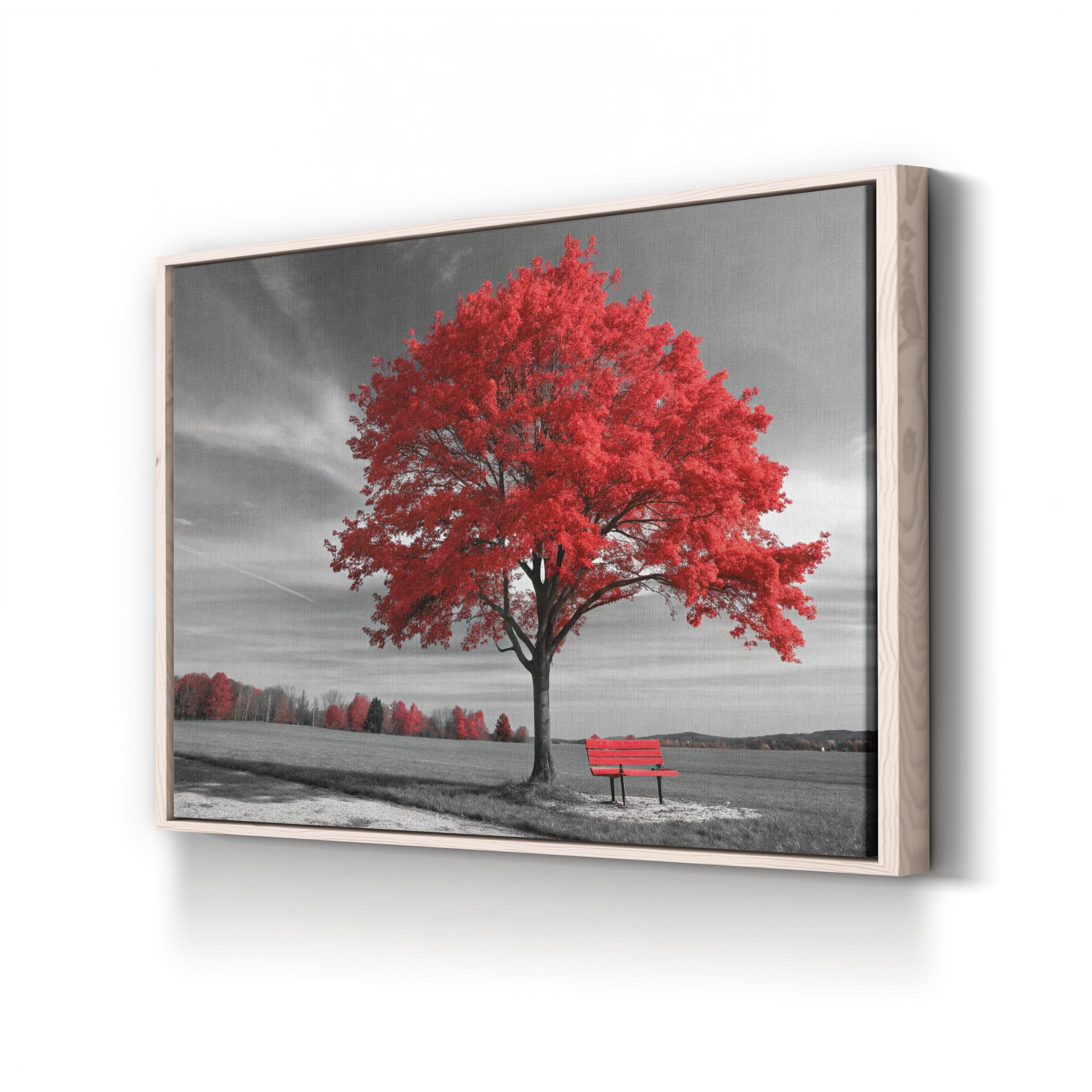 Red Autumn Tree Panorama – Vintage Photography Wall Art | Fall Landscape Canvas Print
