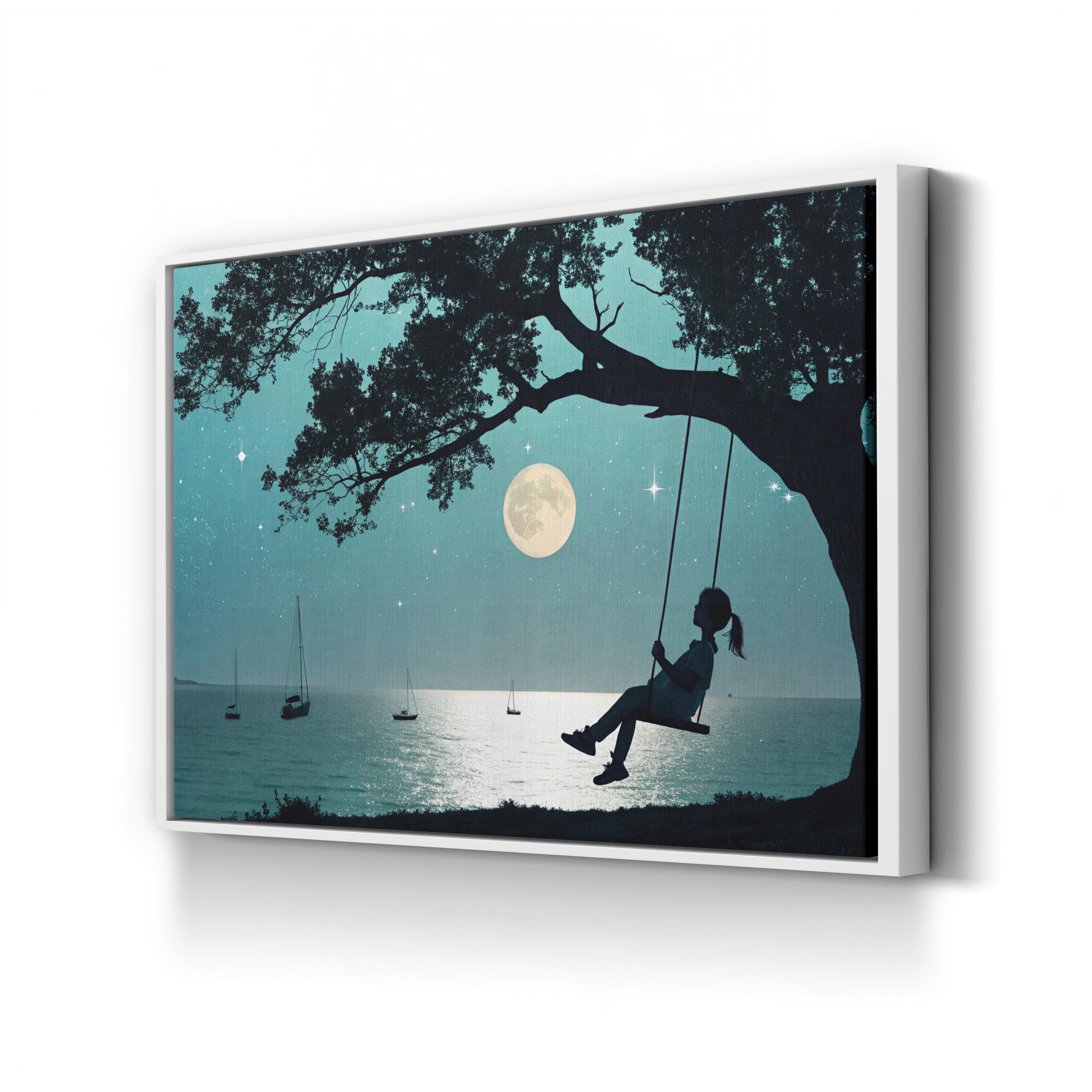 Moonlit Night Wall Art | Peaceful Tree Swing Under Full Moon Canvas Print