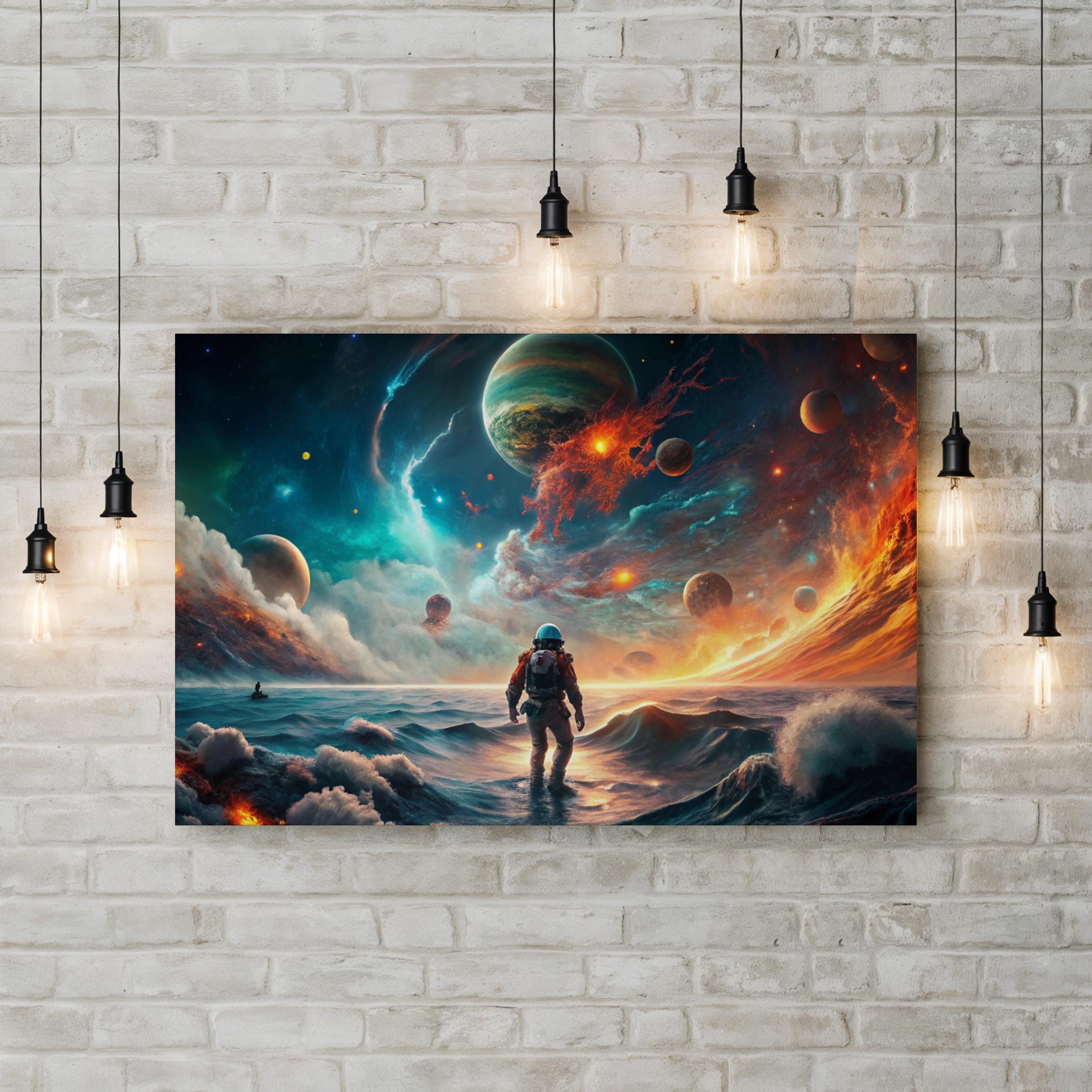 Astronaut at Cosmic Shoreline – Period Illustration Wall Art | Sea & Sky Canvas Print