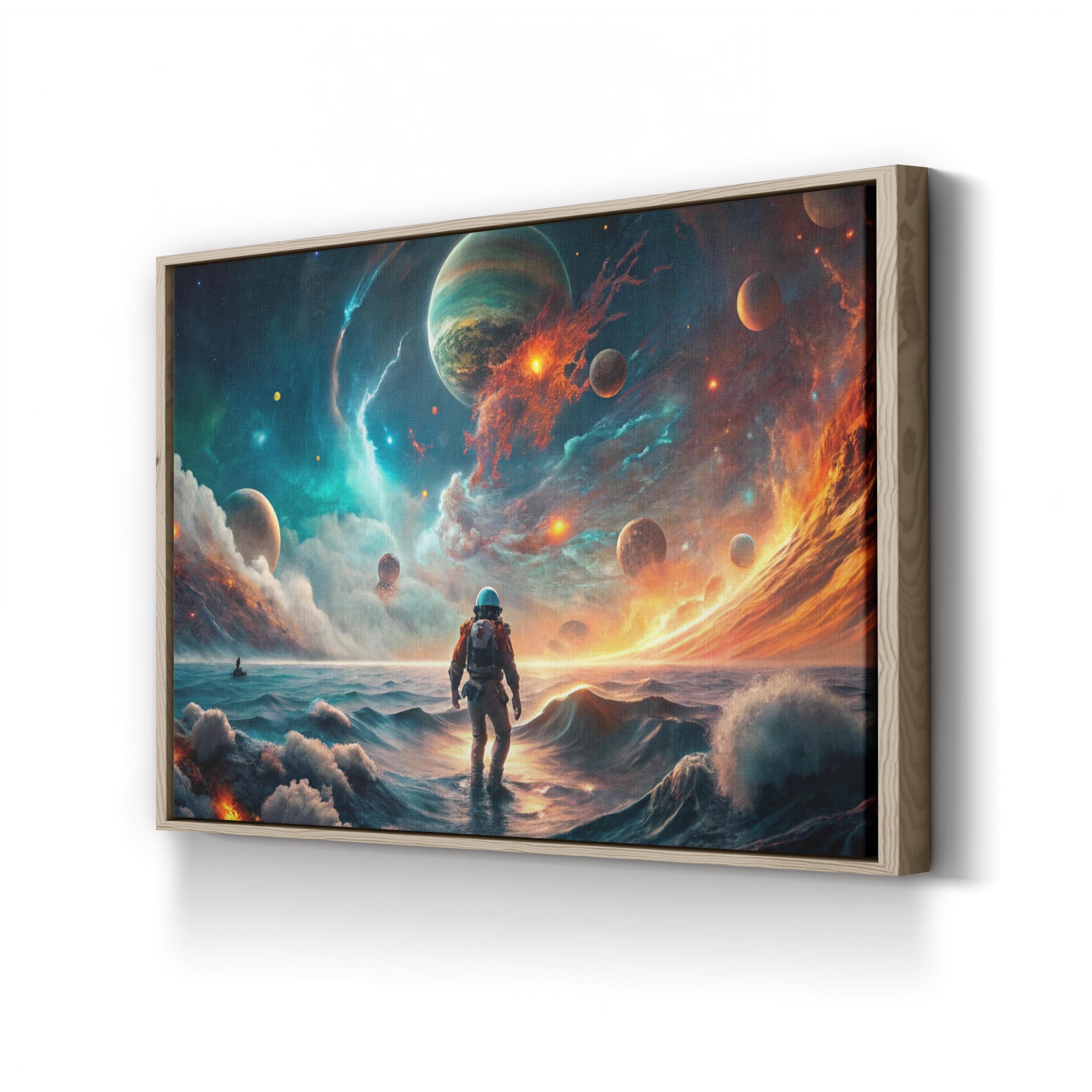 Astronaut at Cosmic Shoreline – Period Illustration Wall Art | Sea & Sky Canvas Print