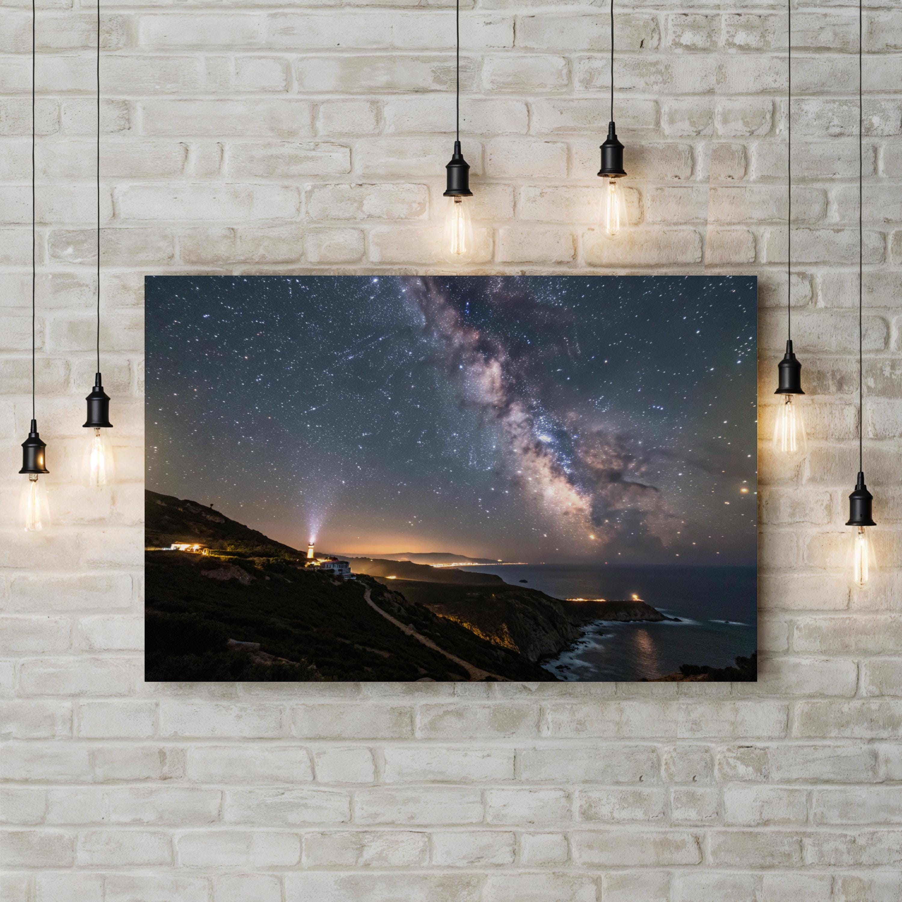 Space Lighthouse Starry Night – Vintage Photography Wall Art | Coastal Canvas Print