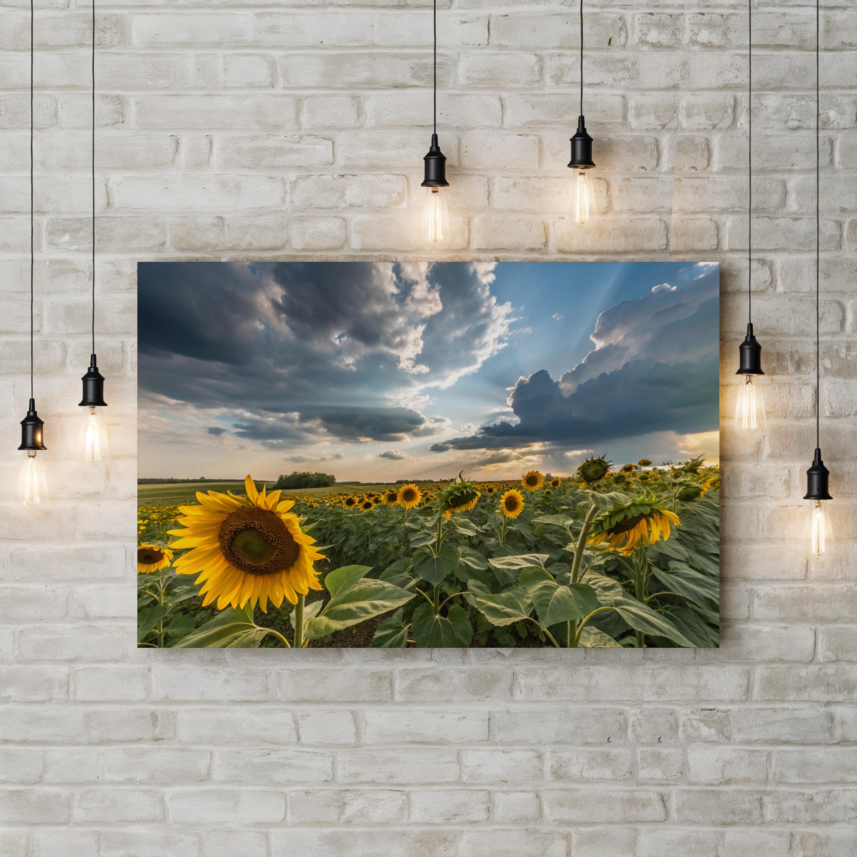 Sunflower Field – Vintage Photography Wall Art | Dramatic Sky Landscape Canvas Print