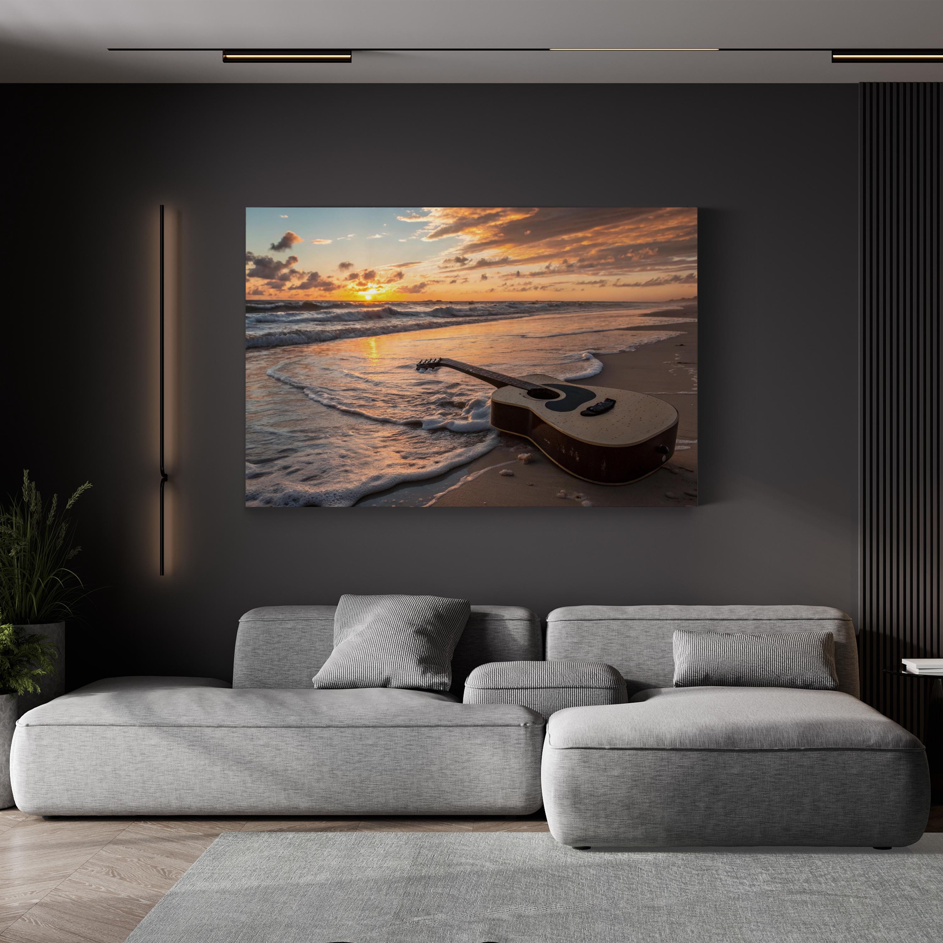 Sunset Guitar Wall Art | Ocean Beach Landscape Canvas Print