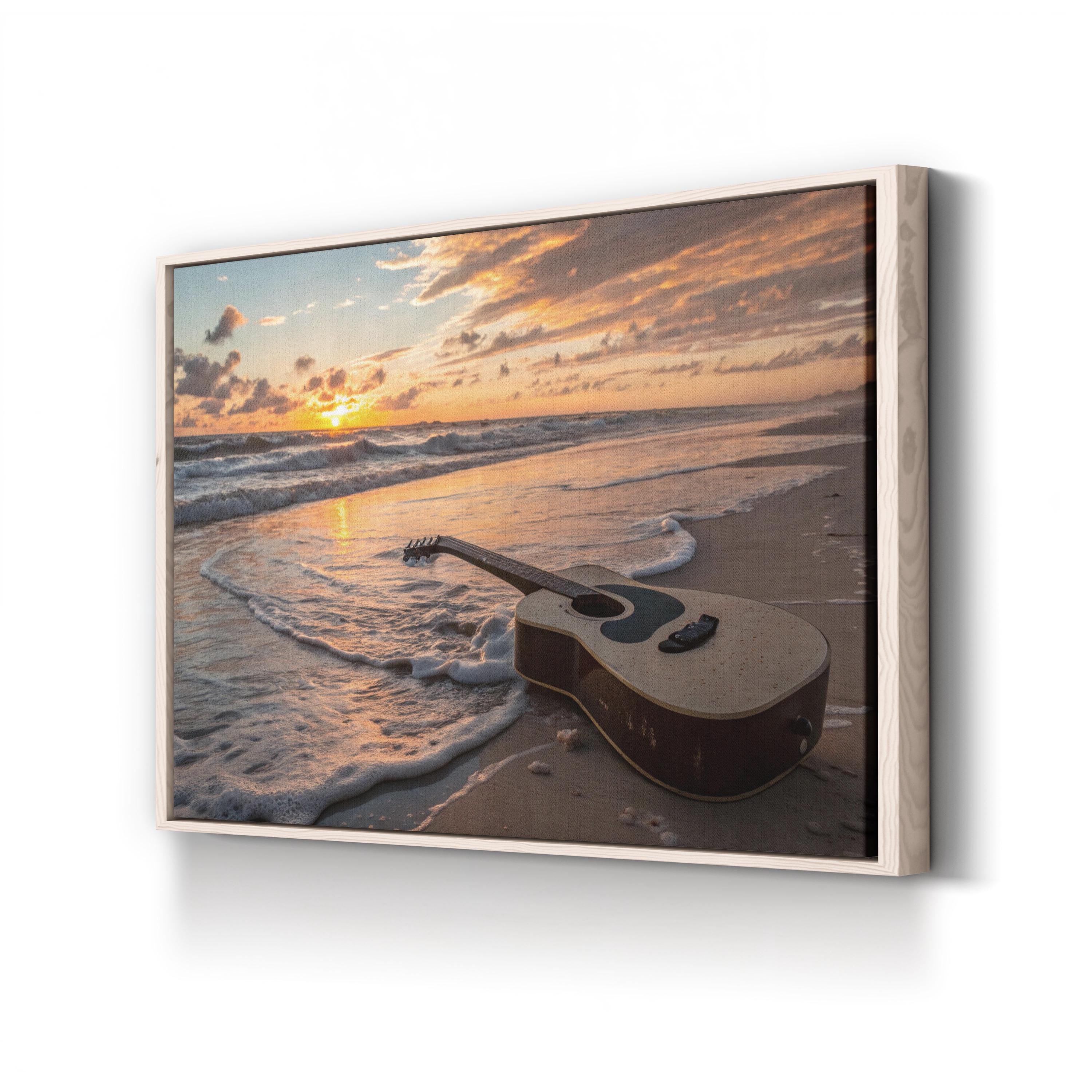 Sunset Guitar Wall Art | Ocean Beach Landscape Canvas Print
