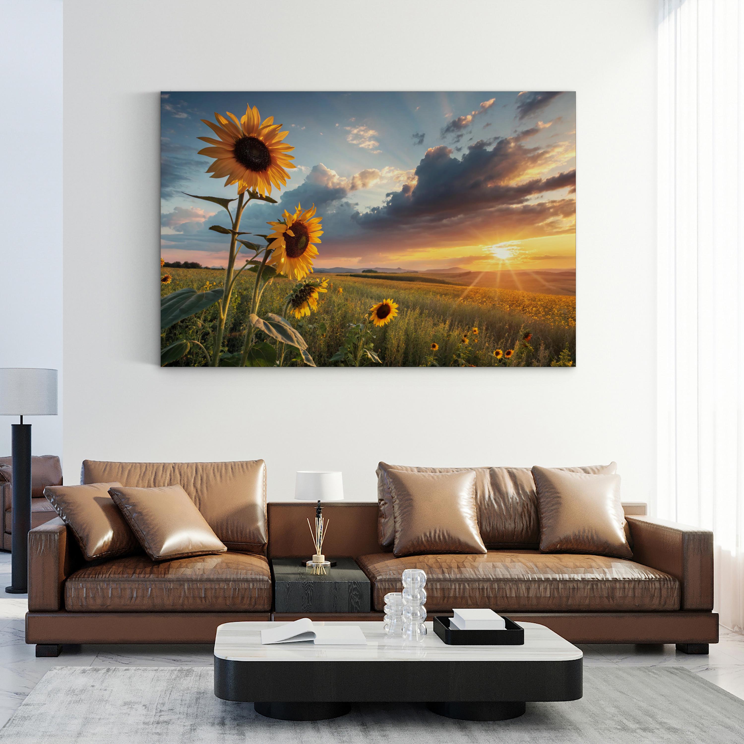 Sunflower Sunset Field – Vintage Photography Wall Art | Golden Landscape Canvas Print
