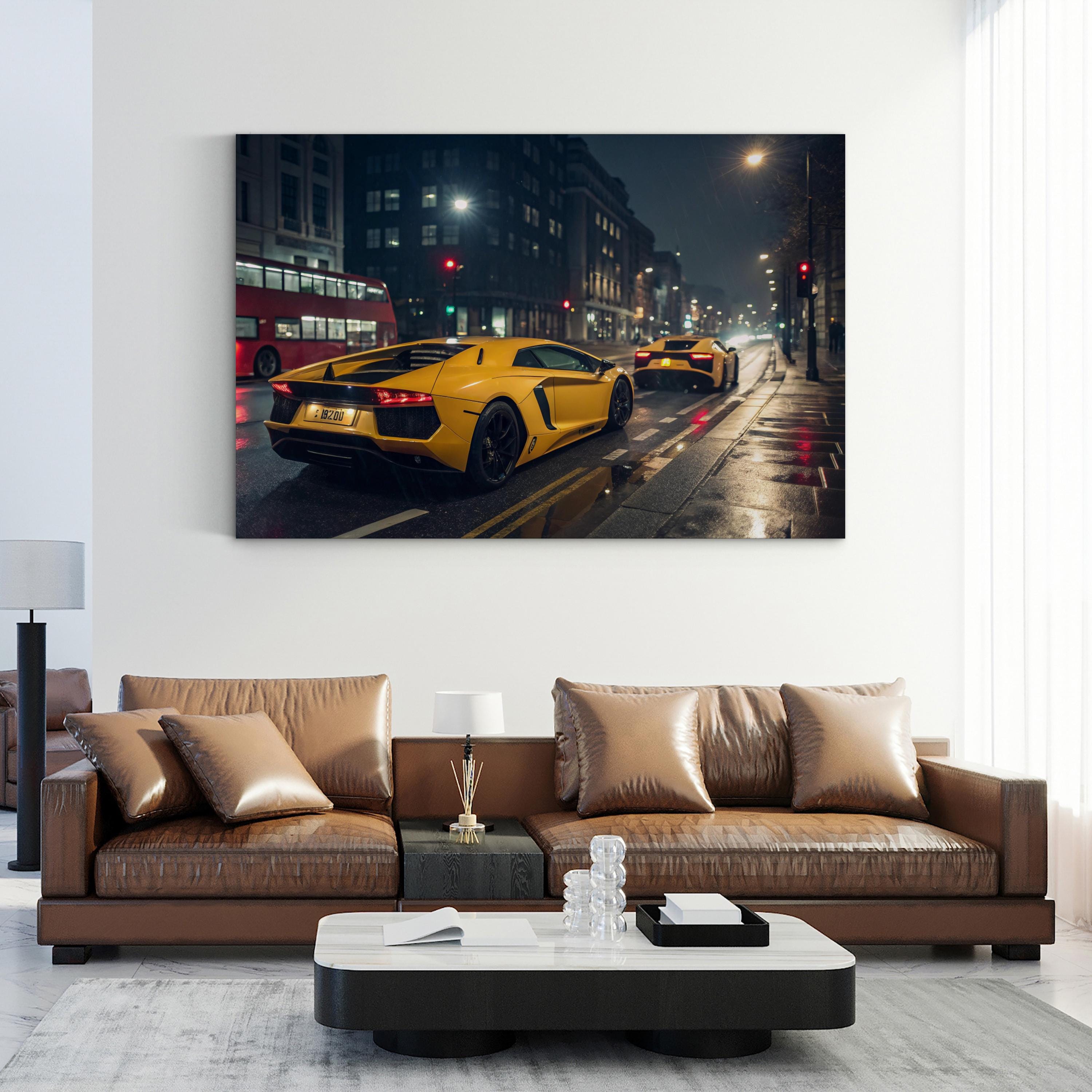 Yellow Sports Car Night City – Vintage Photography Wall Art | Automotive Canvas Print