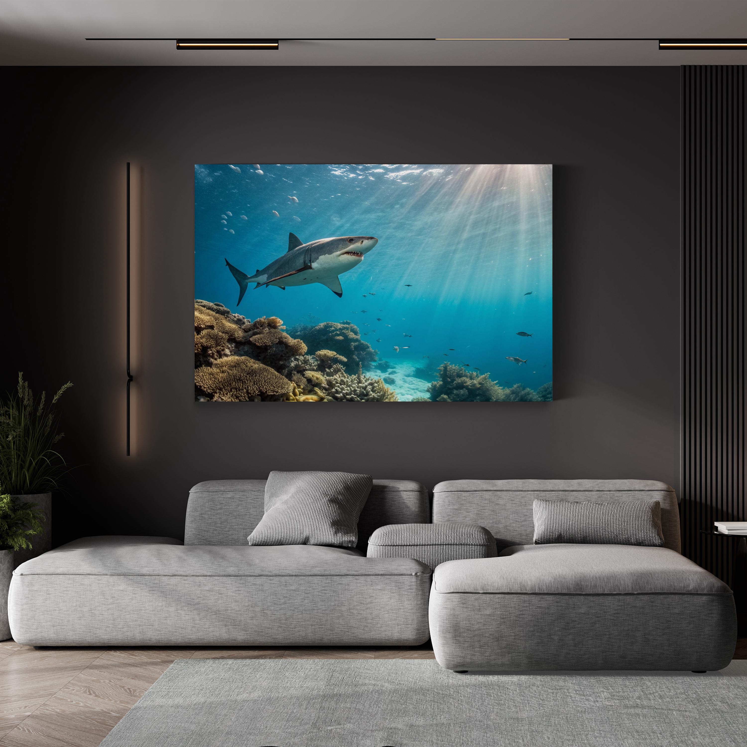 Underwater Terror, Coral Reef — Great White Shark Ocean Wildlife Canvas Wall Art