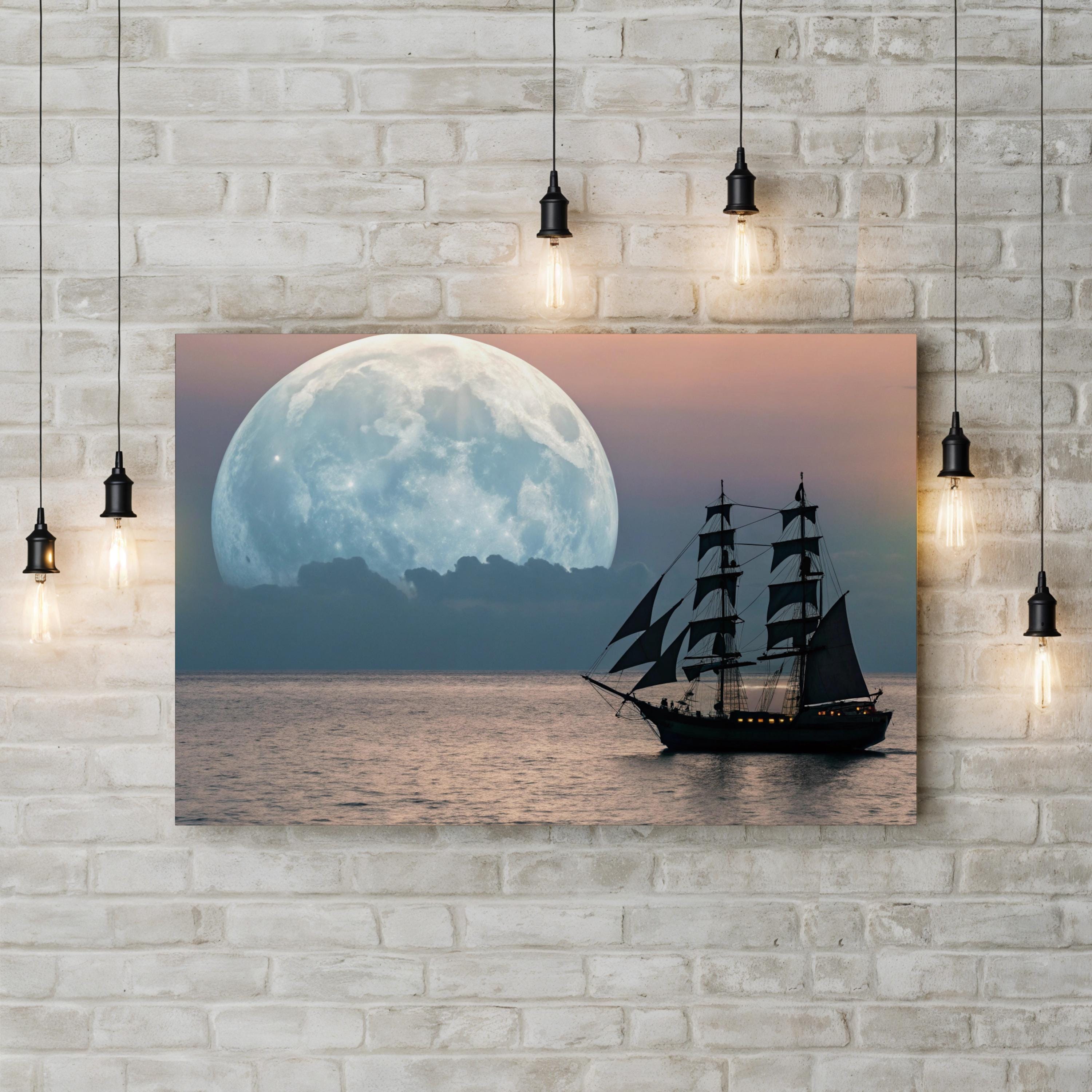 Tall Ship Moonlight Sailing, Atlantic Ocean:  Nautical Coastal Photography