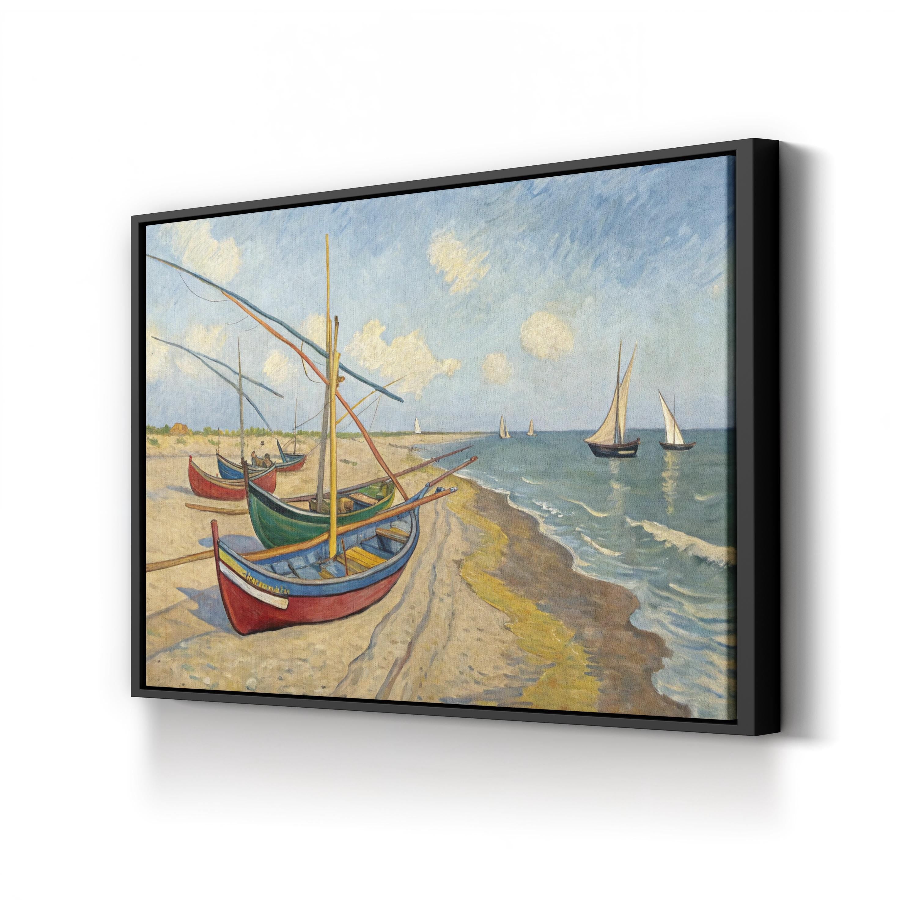 Fishing Boats on the Beach at Les Saintes-Maries-de-la-Mer by Vincent van Gogh canvas print in black frame