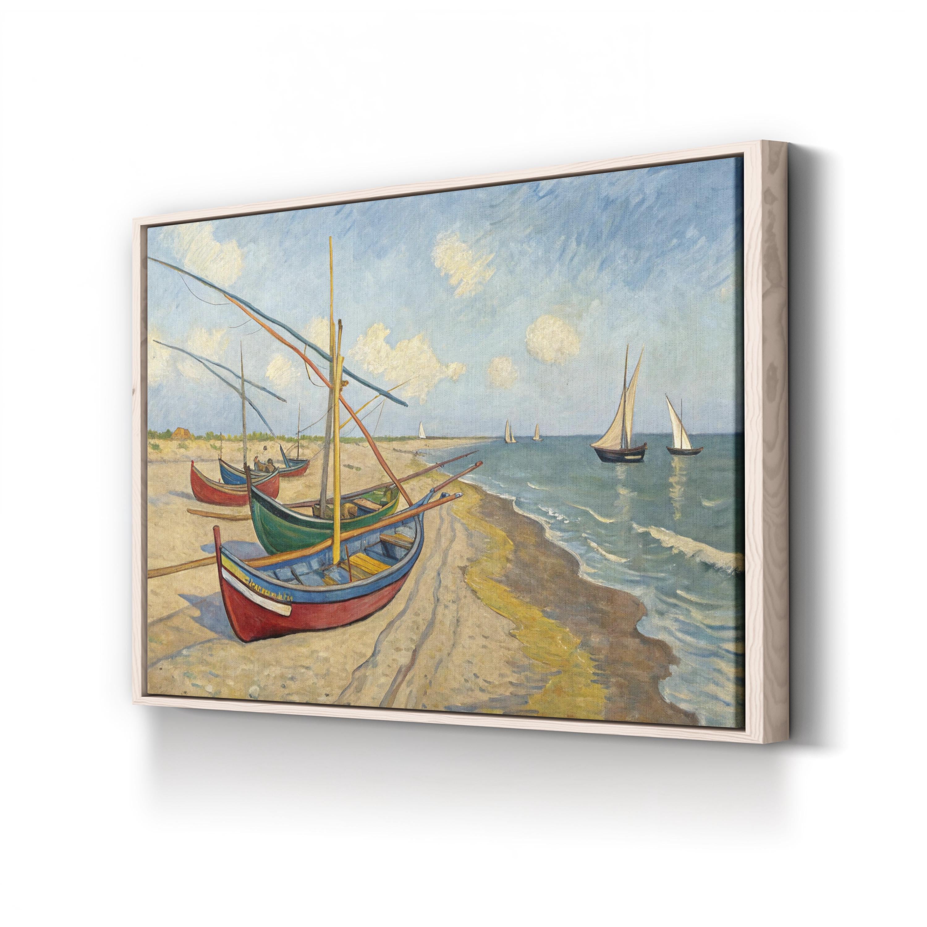Fishing Boats on the Beach at Les Saintes-Maries-de-la-Mer by Vincent van Gogh canvas print in oak frame