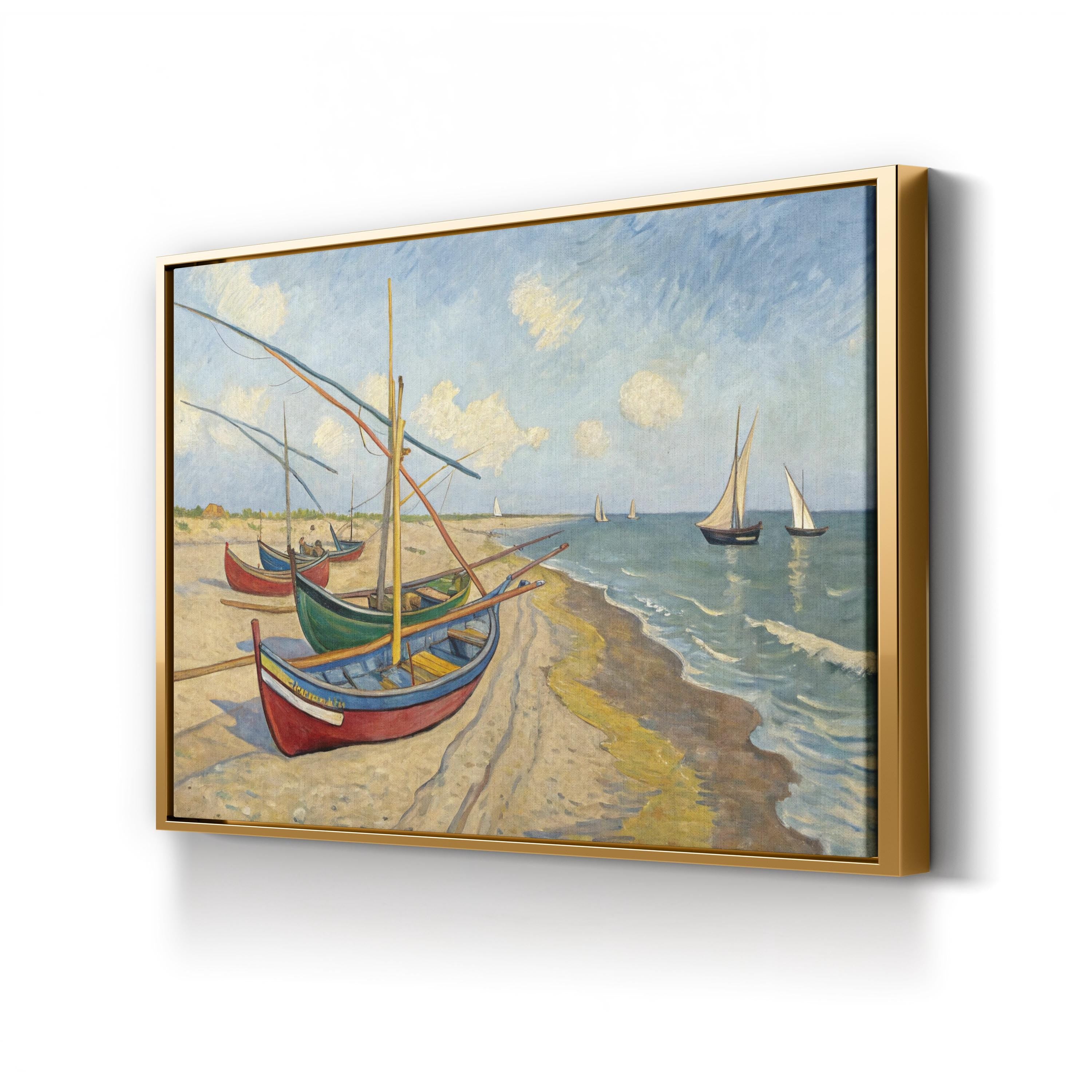 Fishing Boats on the Beach at Les Saintes-Maries-de-la-Mer by Vincent van Gogh canvas print in gold frame