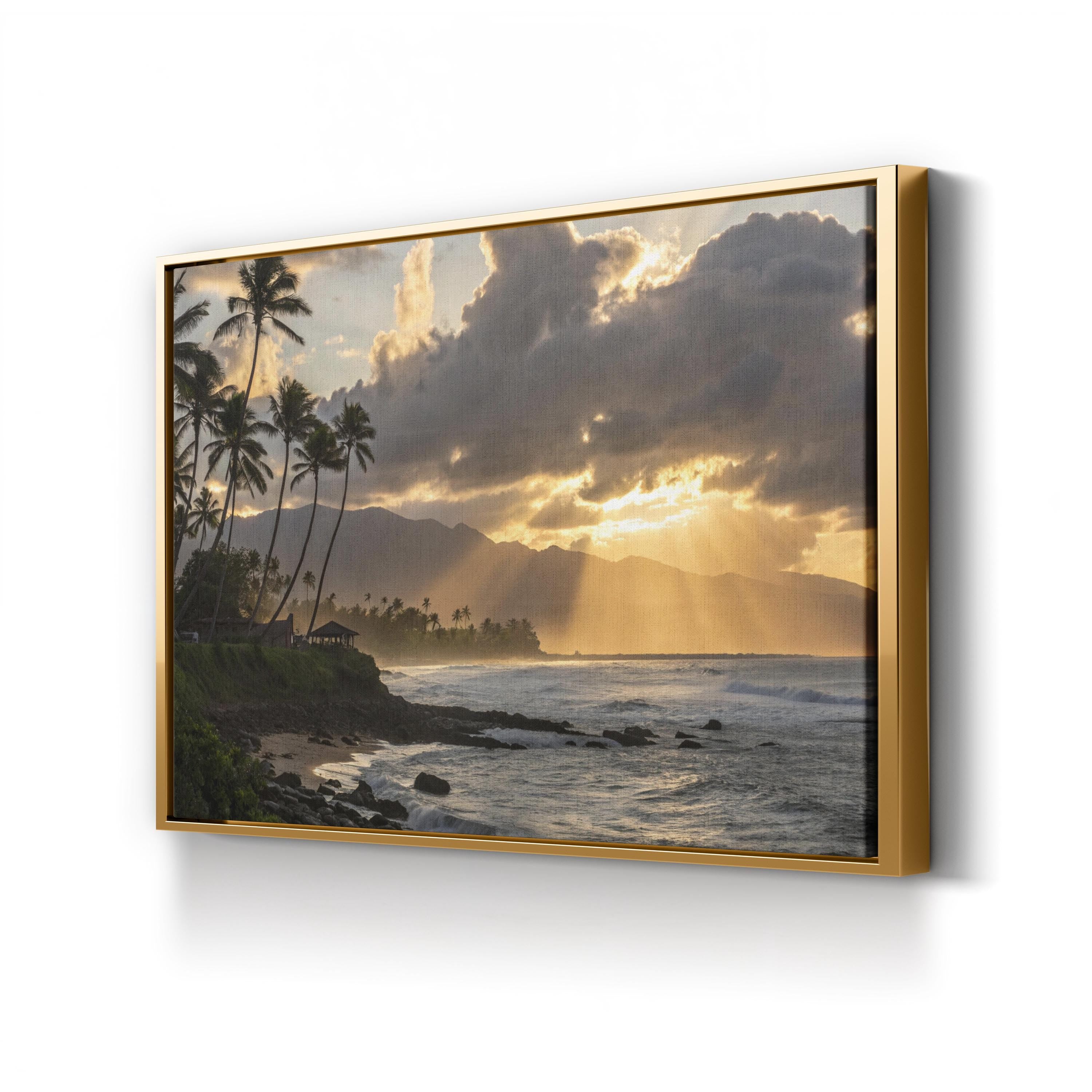 Tropical Sunset Beach, Caribbean Coast, Caribbean Sea — Golden Palm Trees Ocean Canvas Wall Art