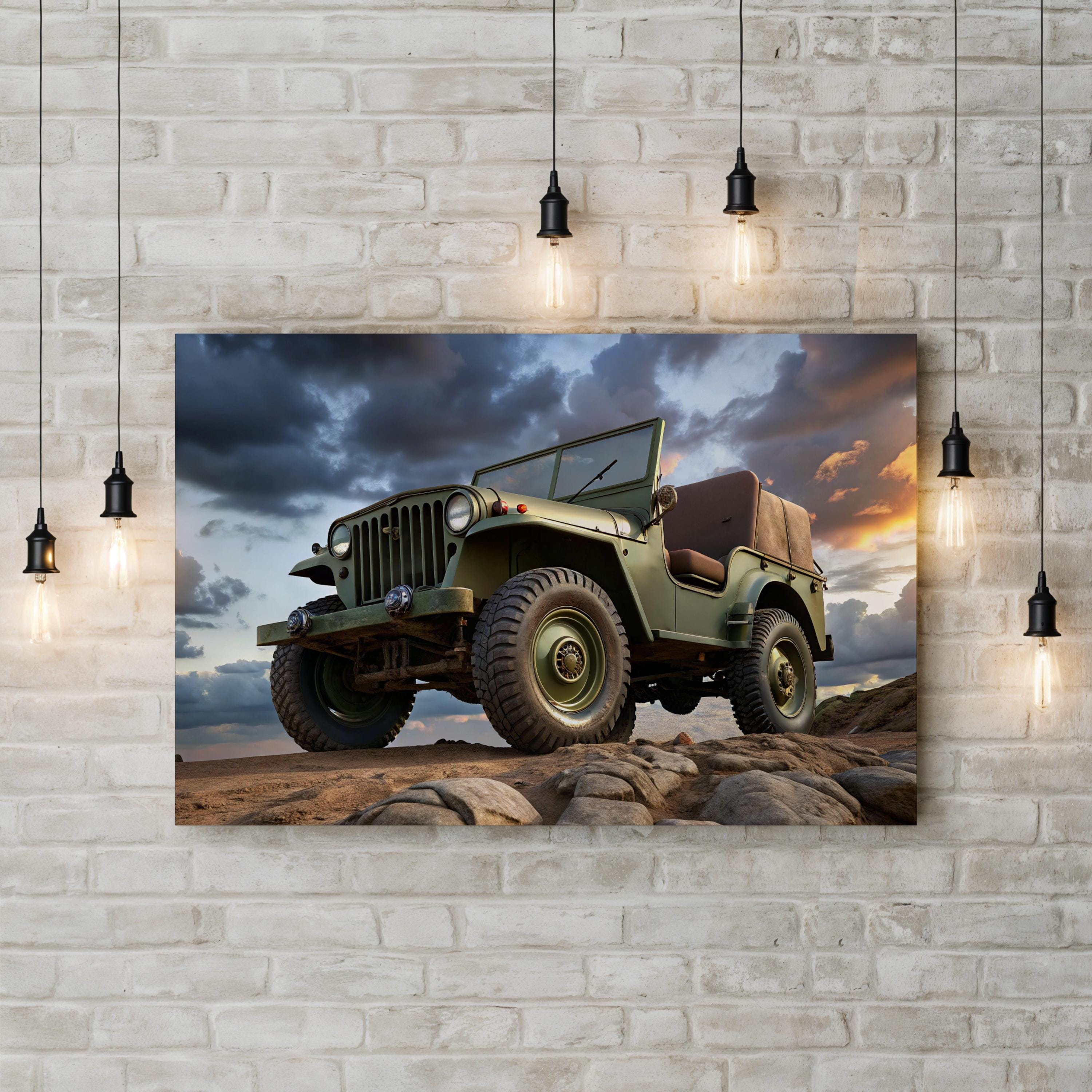 Vintage Military 4x4 Off-Roader – Period Illustration Wall Art | Rugged Automotive Canvas Print