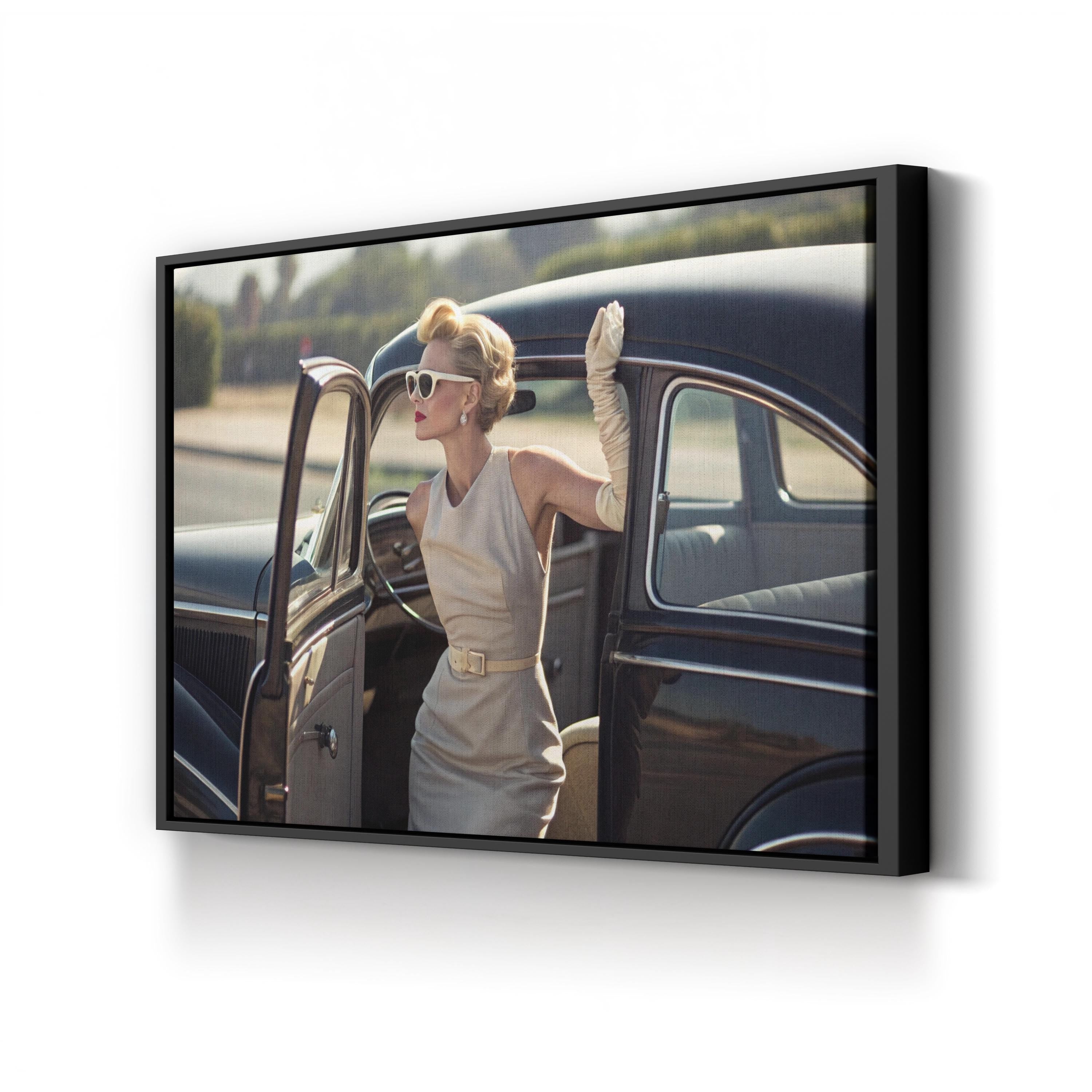 1950s Retro Car with Elegant Woman – Period Illustration Wall Art | Vintage Automotive Canvas Print