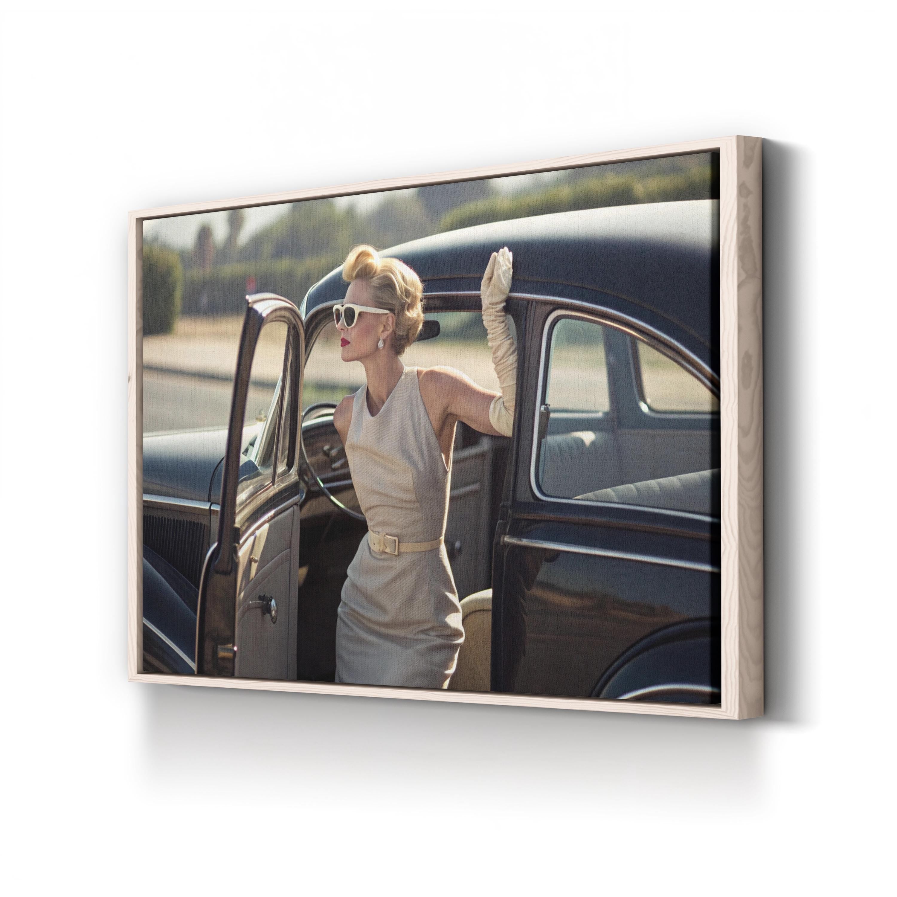 1950s Retro Car with Elegant Woman – Period Illustration Wall Art | Vintage Automotive Canvas Print