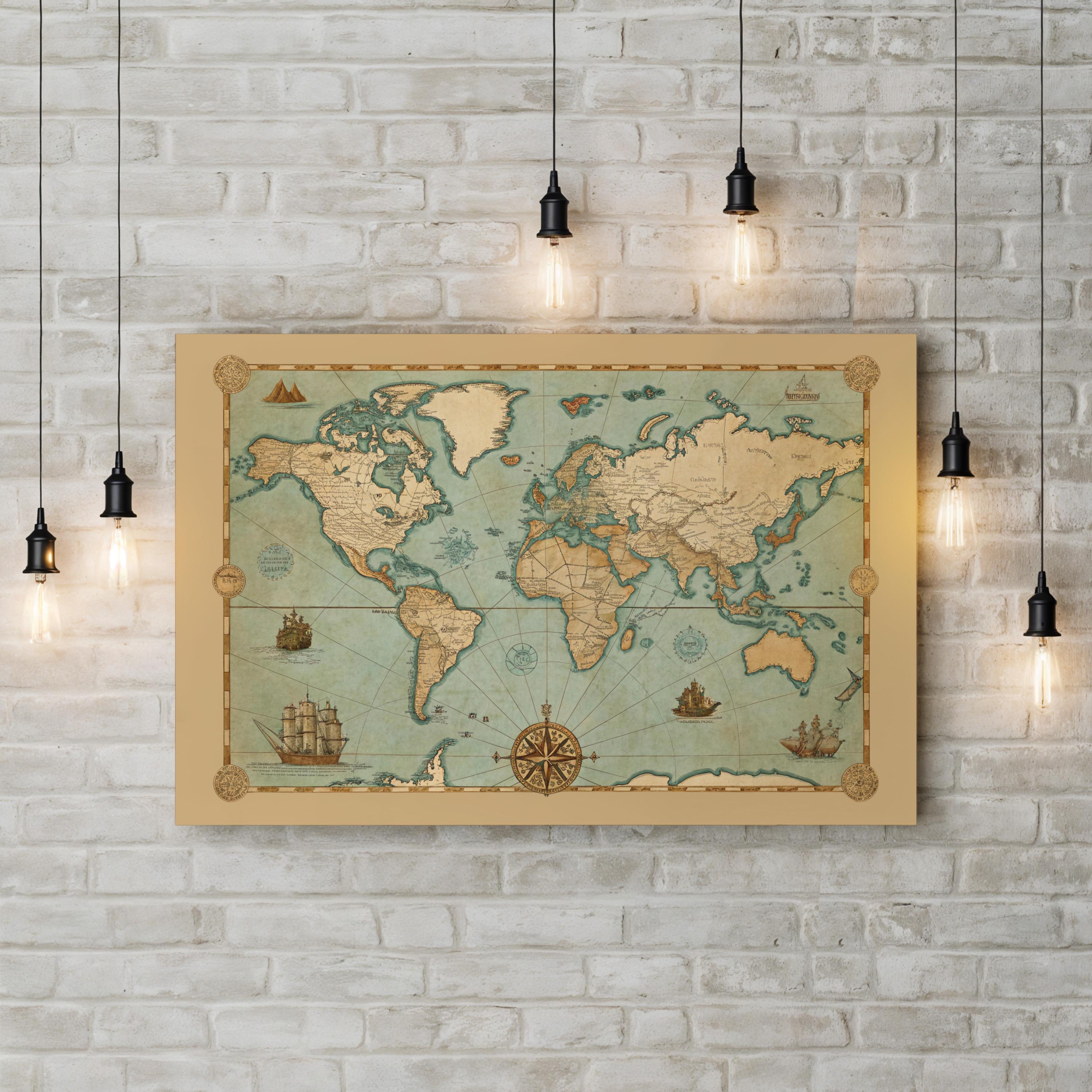 Vintage World Map with Nautical Compass – Historical Map Wall Art | Antique Cartography Canvas Print