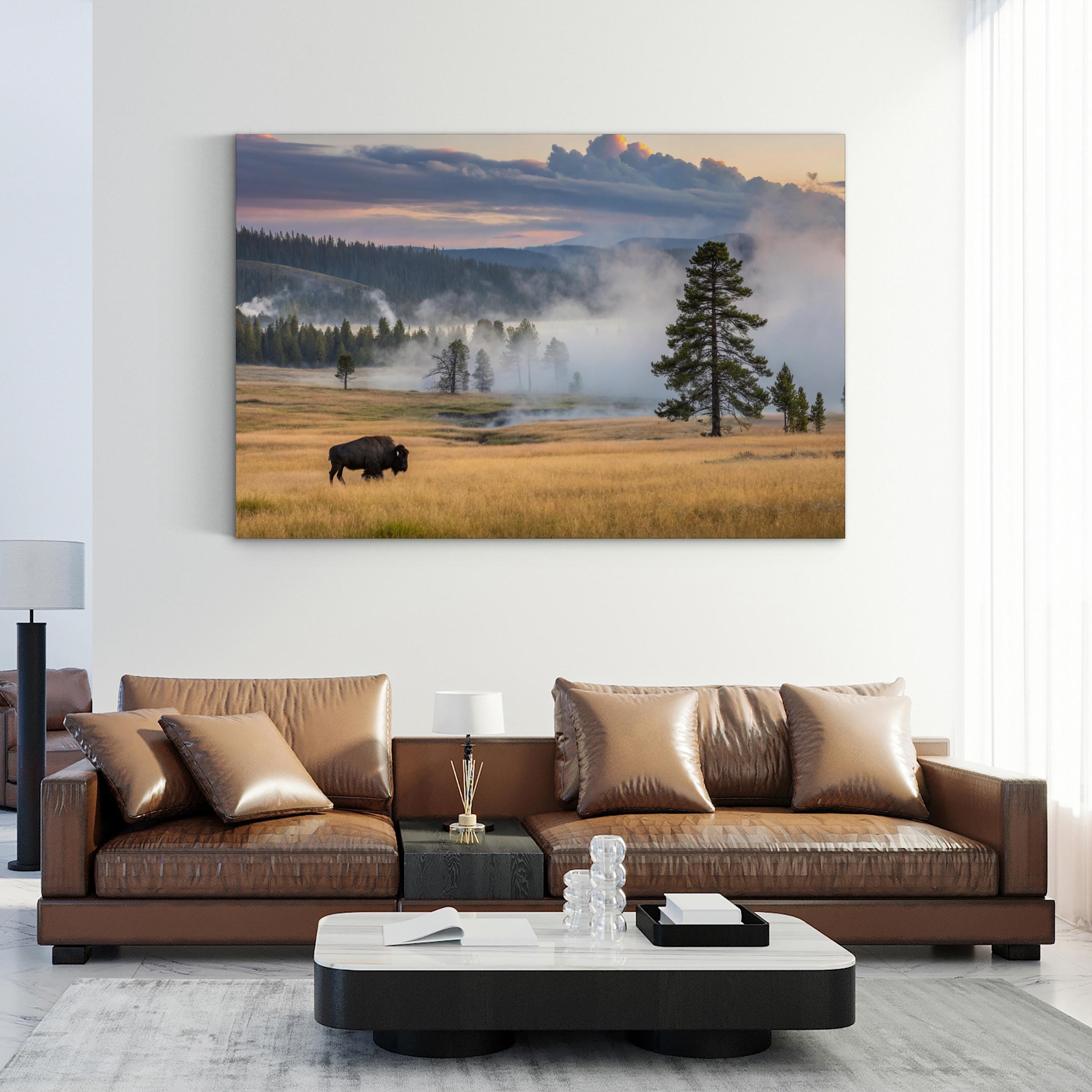 Yellowstone Bison at Dawn – Vintage Photography Wall Art | Western Wildlife Canvas Print