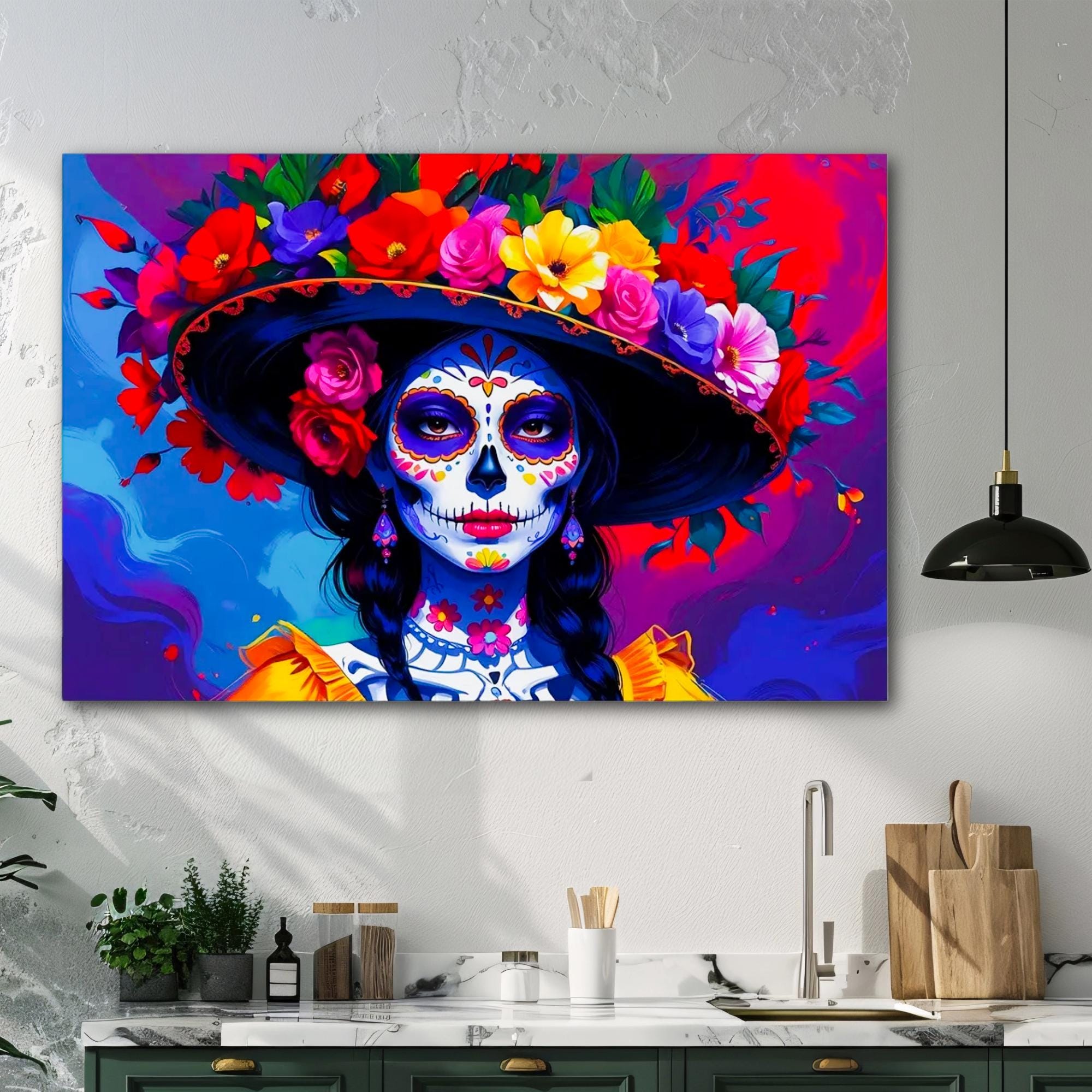 Colorful Sugar Skull Day of the Dead Pop Portrait Canvas Art