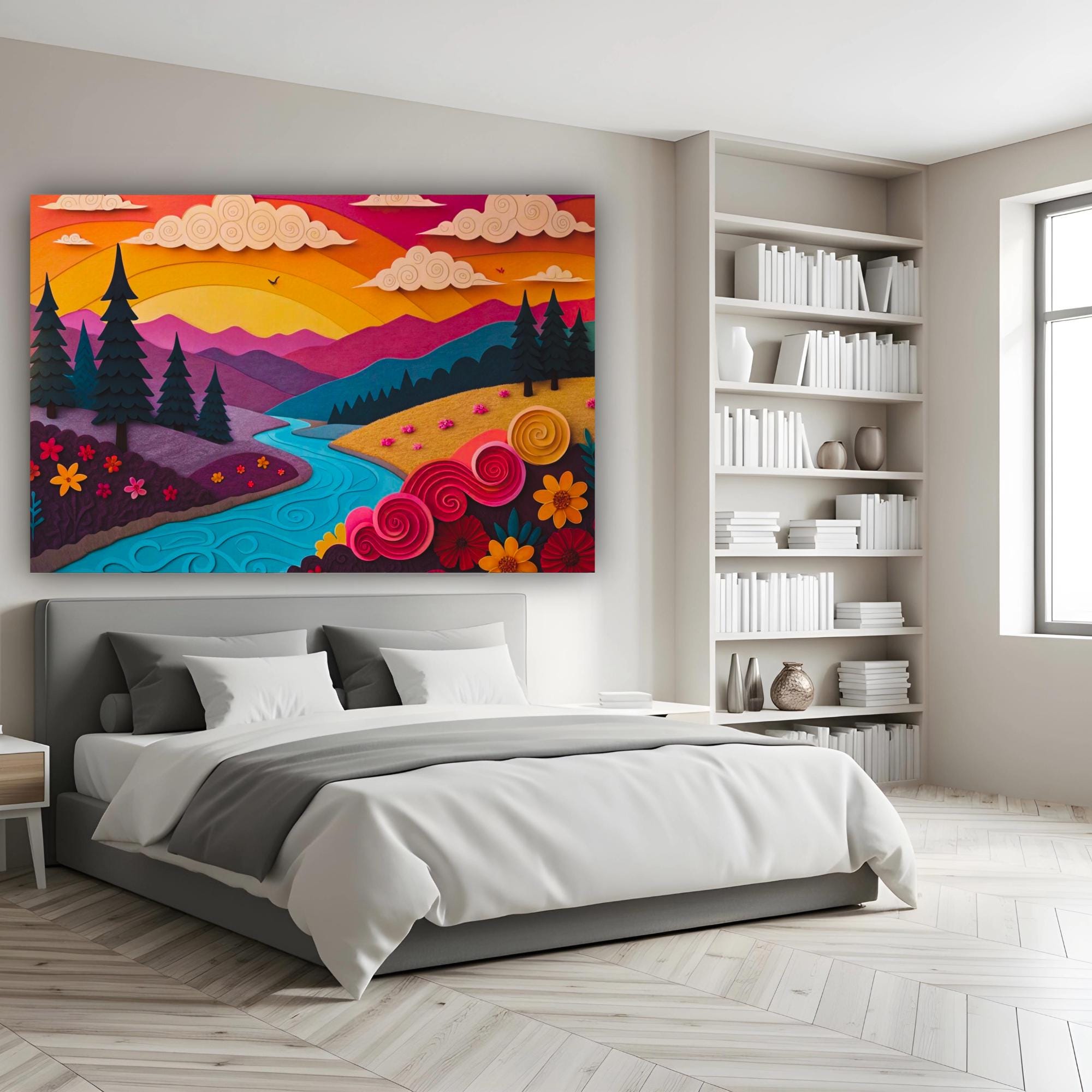 River Sunset Landscape – Period Illustration Wall Art | Vibrant Nature Canvas Print