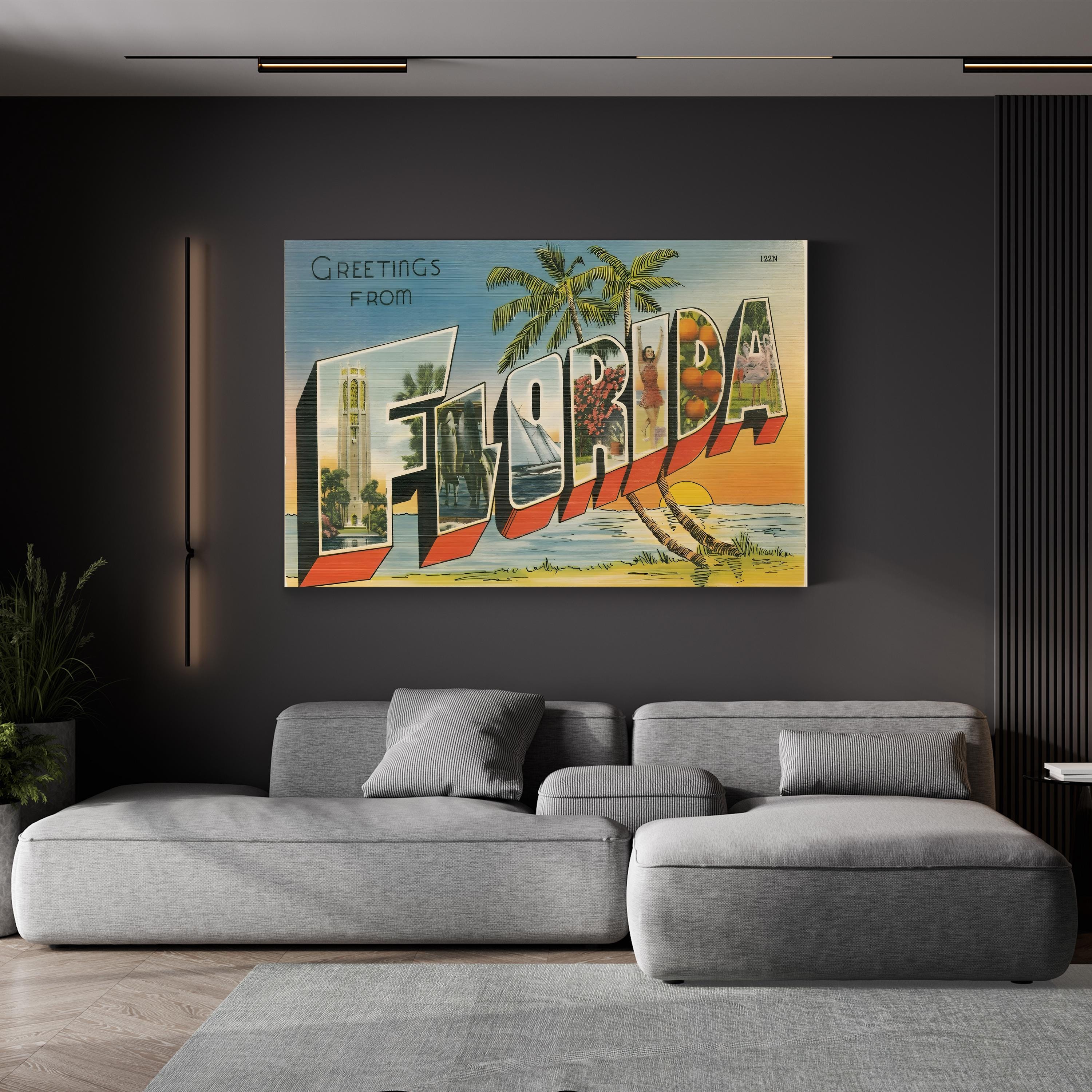 Greetings from Florida Postcard – Period Illustration Wall Art | Retro Coastal Canvas Print