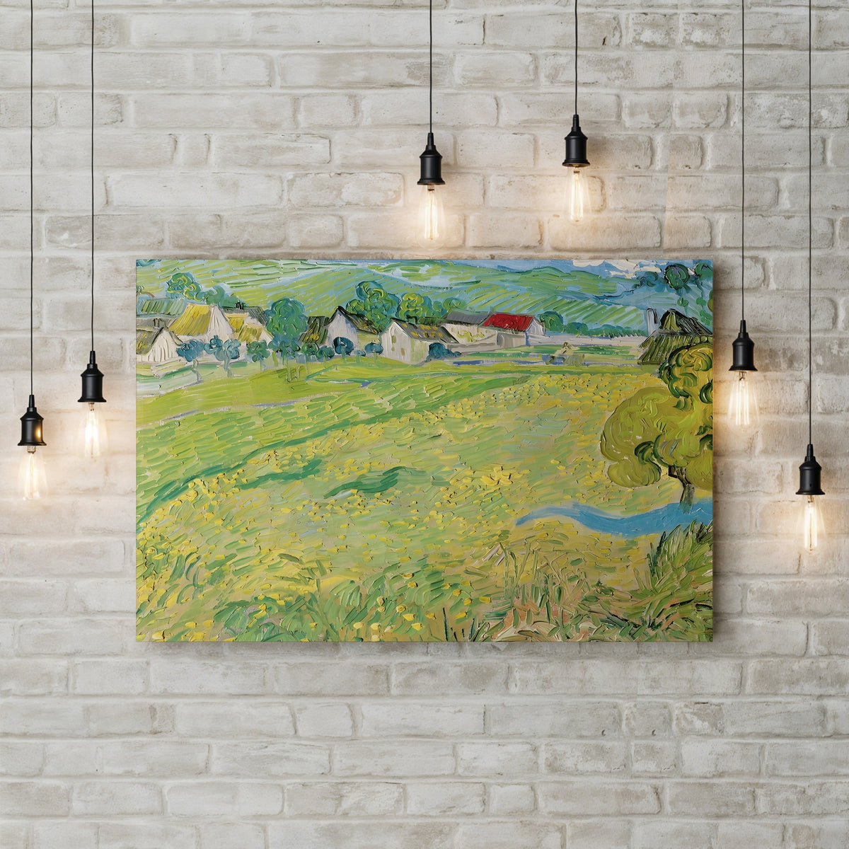 View of Vessenots near Auvers, c. 1890 by Vincent van Gogh canvas print on a brick wall with pendant lights