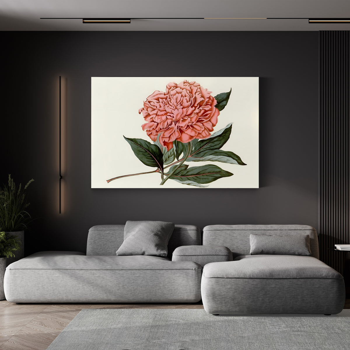 Peony Blush II canvas print displayed in a living room