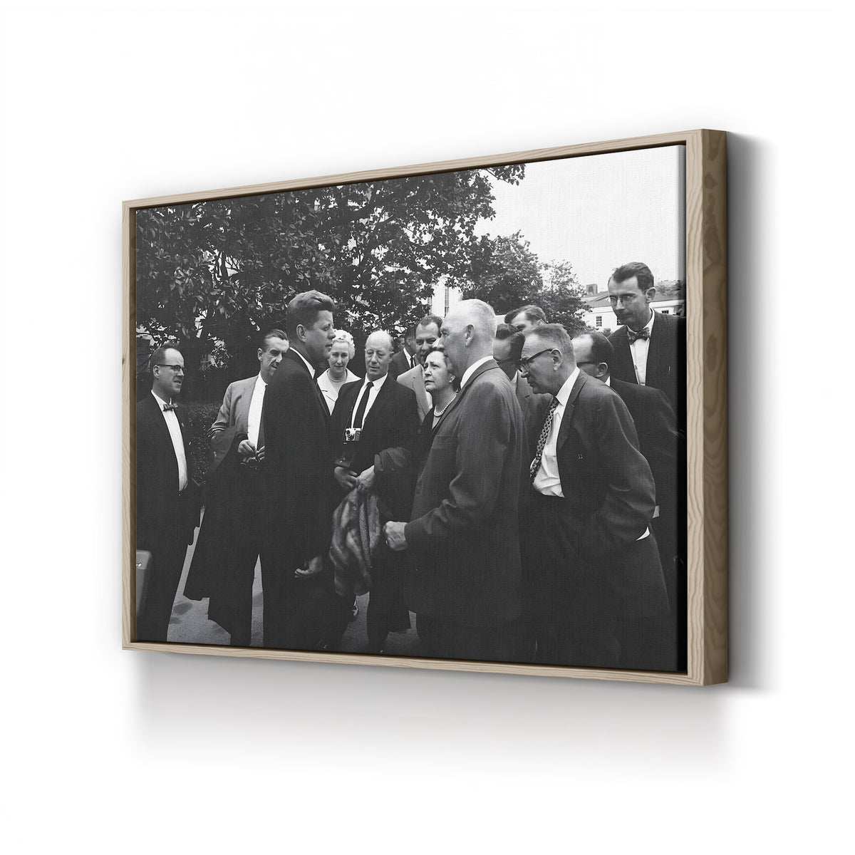 President John F. Kennedy with Reporters canvas print in oak frame