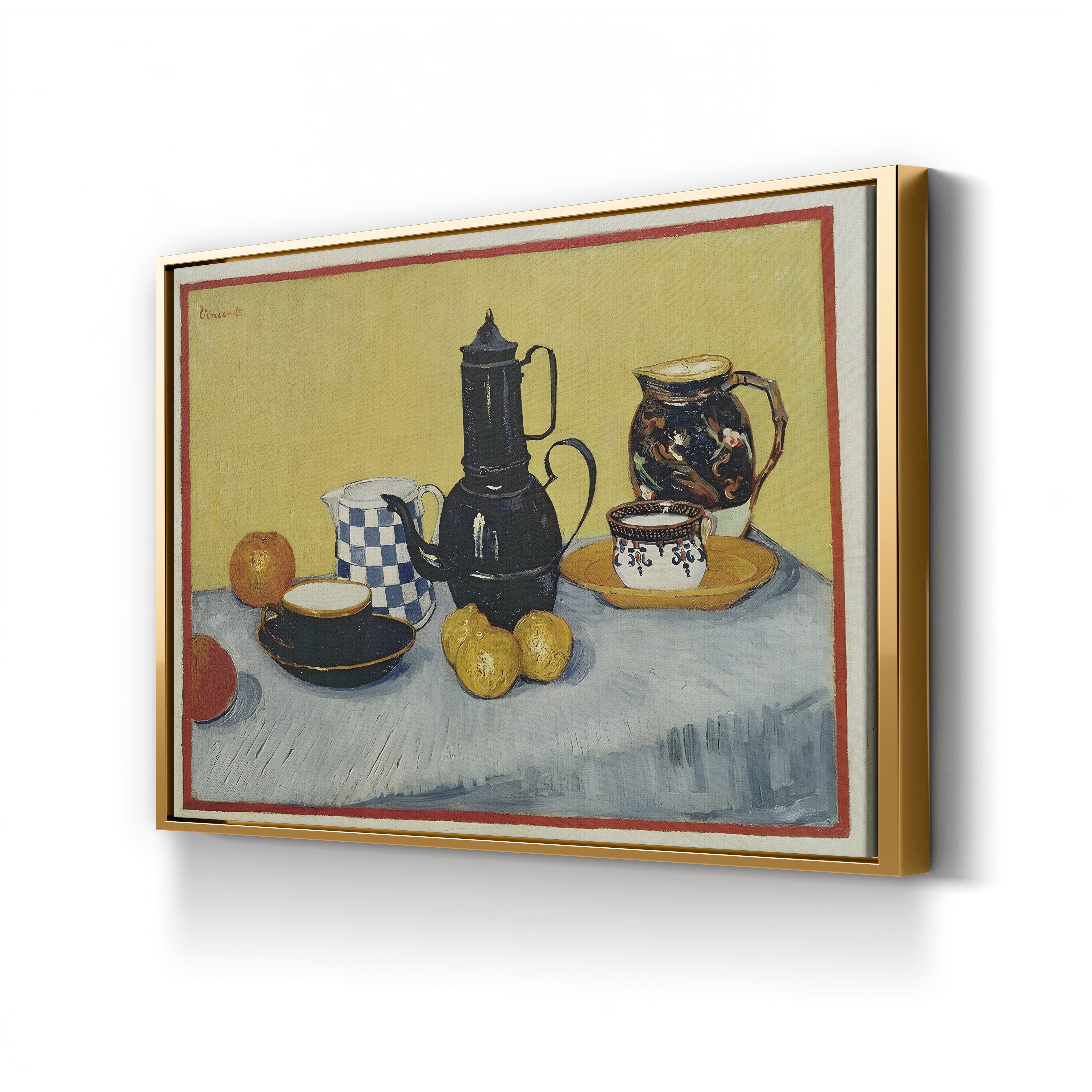 Still Life with Blue Enamel Coffeepot, Earthenware and Fruit, 1888 – Vincent van Gogh Wall Art | Post-Impressionist Still Life Canvas Print