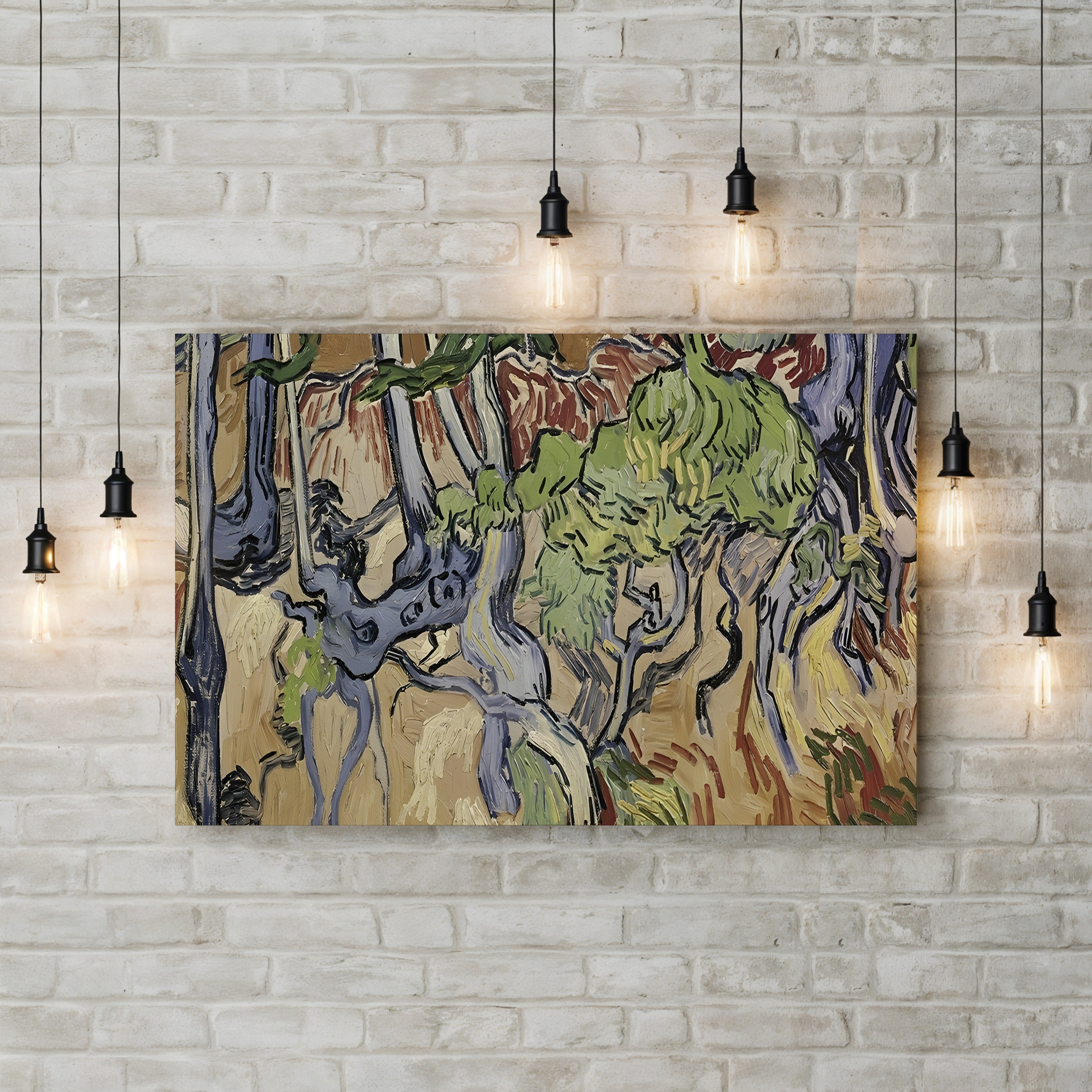 Tree Roots by Vincent van Gogh canvas print displayed on a wall with accent lighting