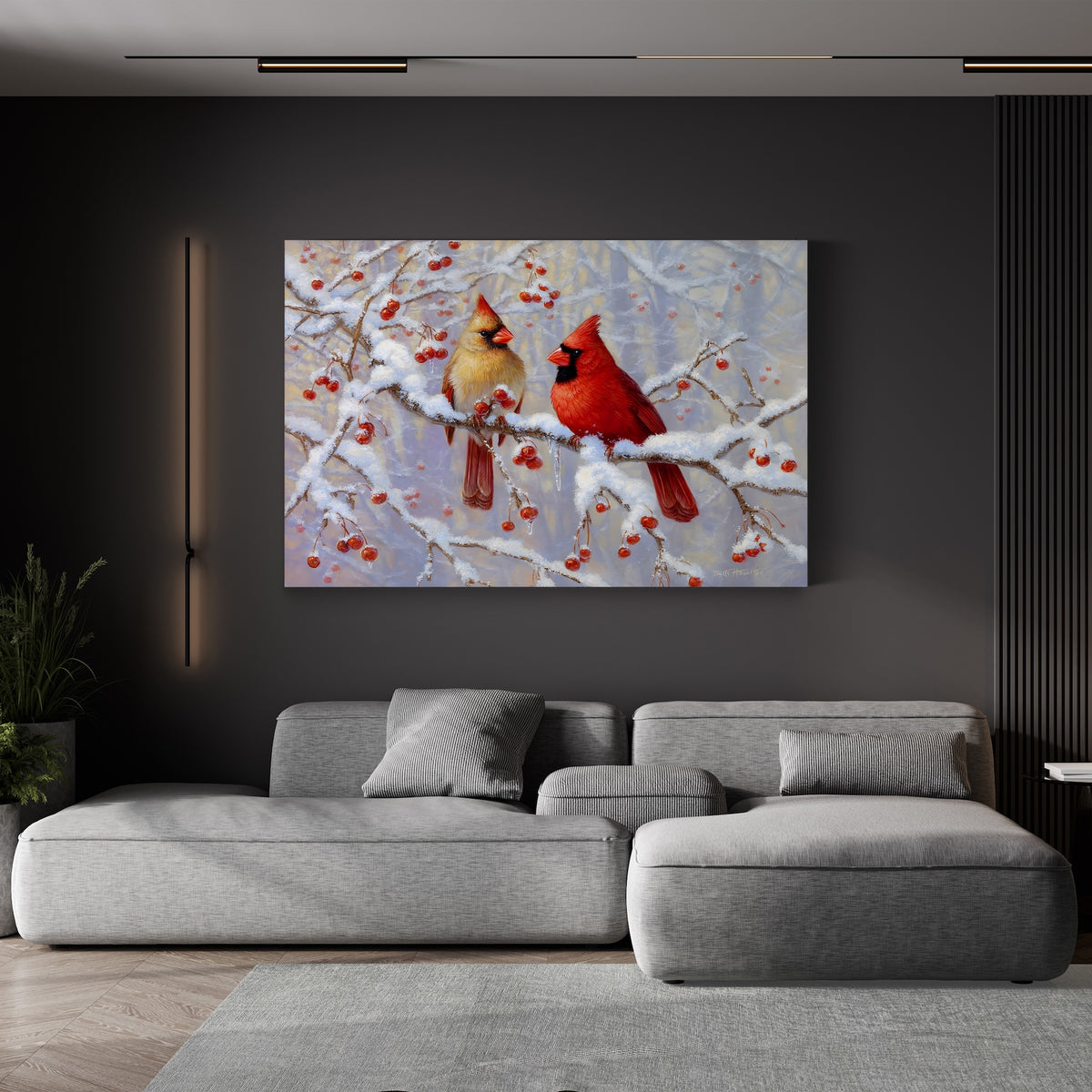 Winter Cardinals on Snowy Branches by Beth Hoselton canvas print displayed in a living room
