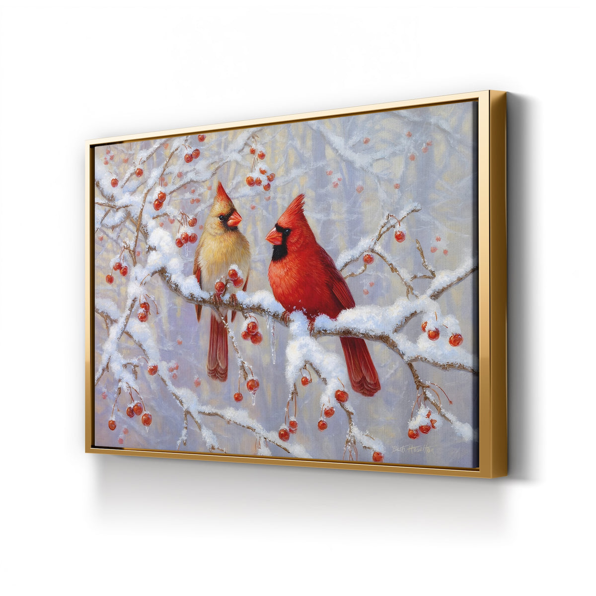 Winter Cardinals on Snowy Branches by Beth Hoselton canvas print in gold frame